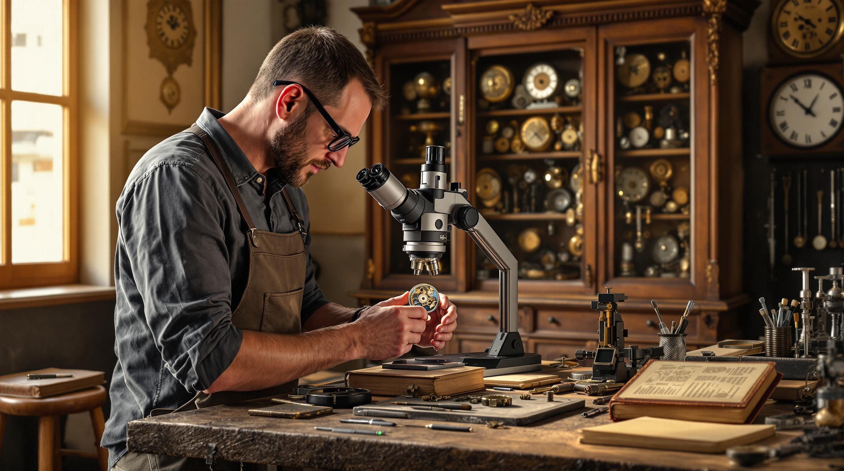 Person examining the internal mechanism of an antique clock