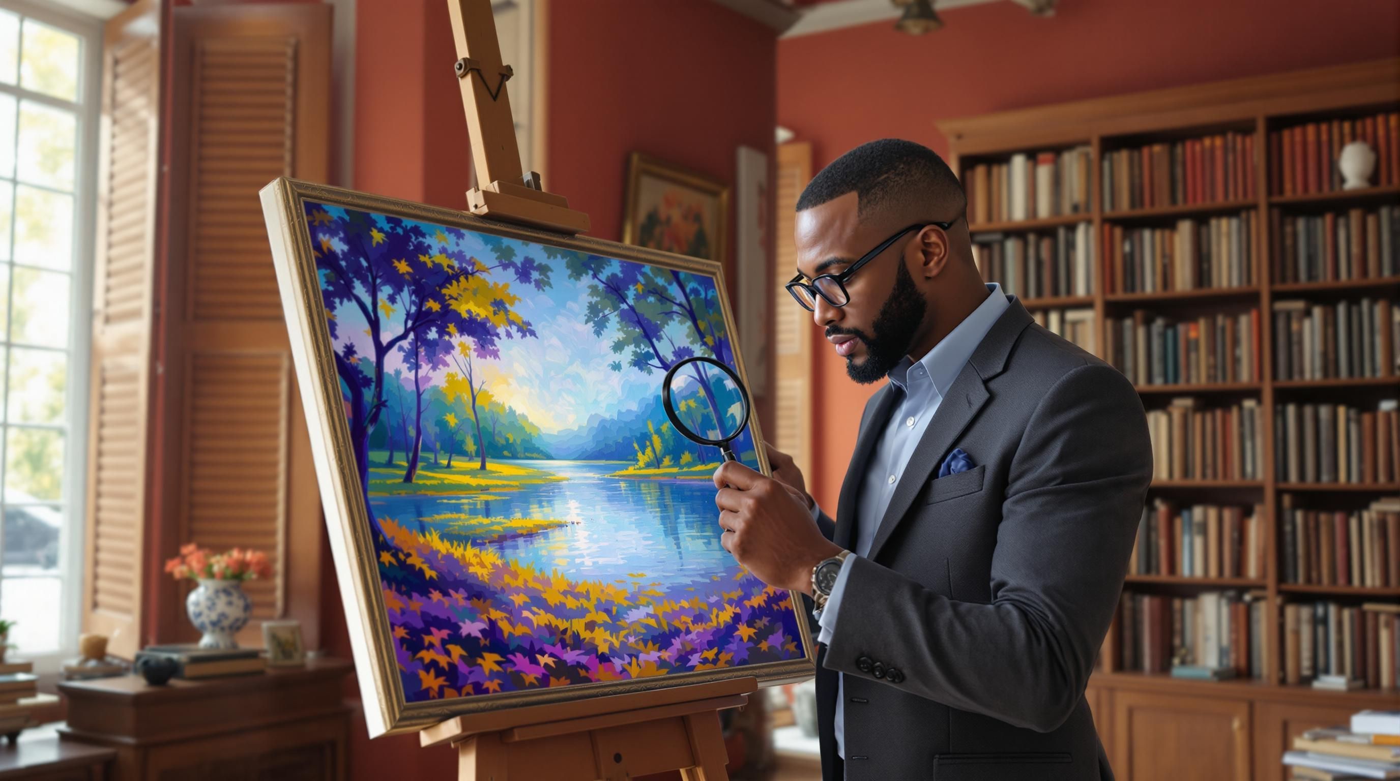 Professional art specialist examining a painting with a magnifying glass for appraisal