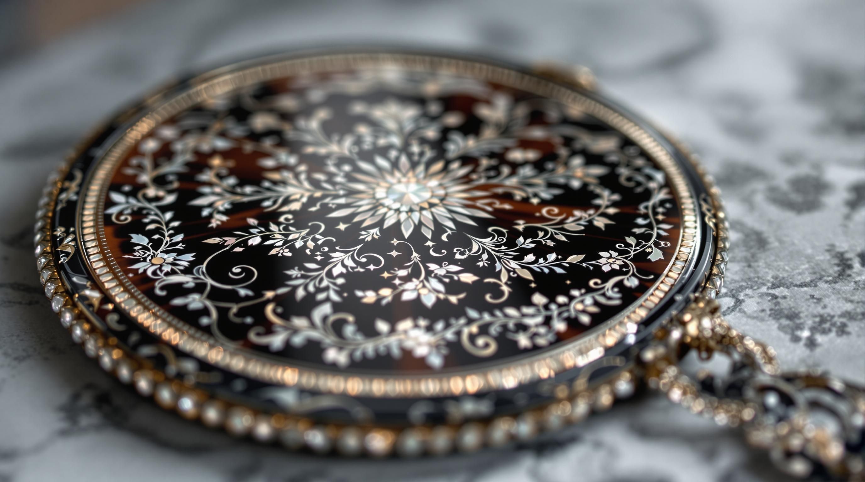 Close-up of antique mirror showing patina and decorative detail