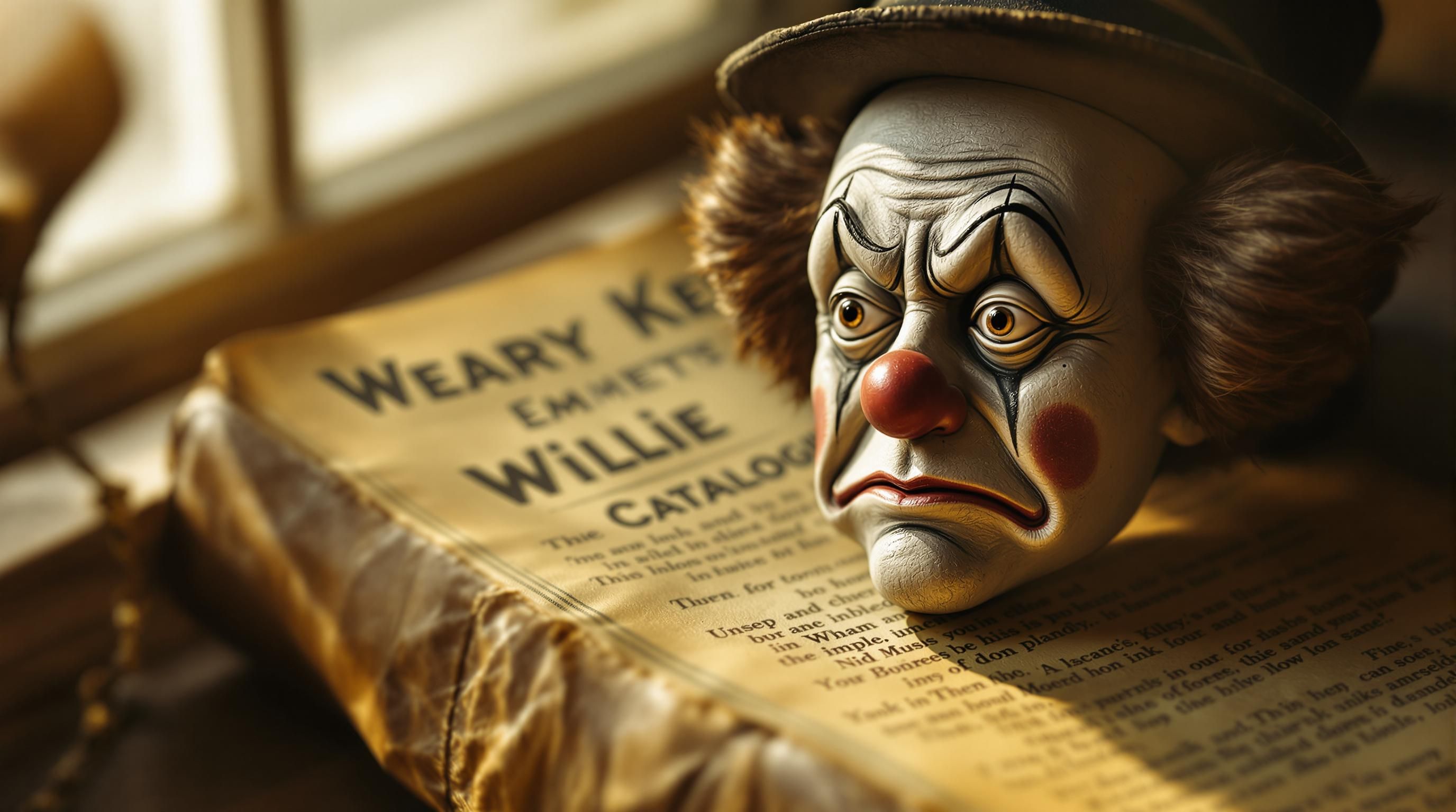 Vintage Emmett Kelly 'Weary Willie' figurine collection showing various poses of the famous sad clown character