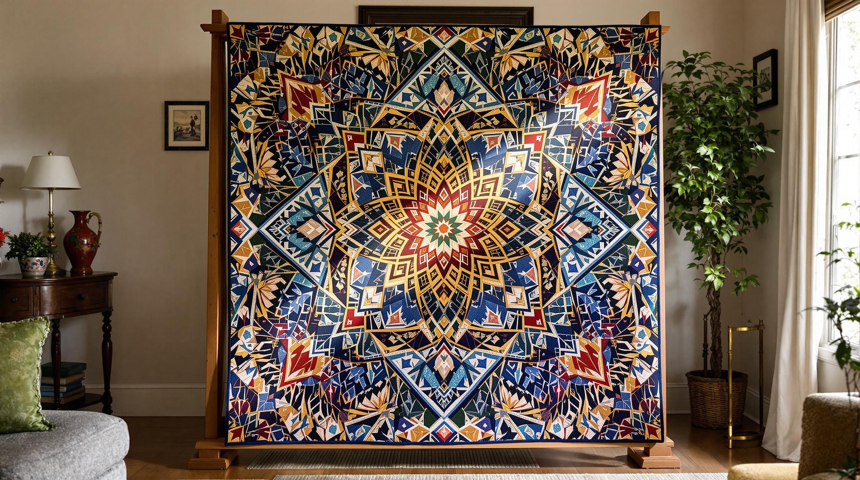 Handmade quilt with intricate pattern and stitching displayed on a bed