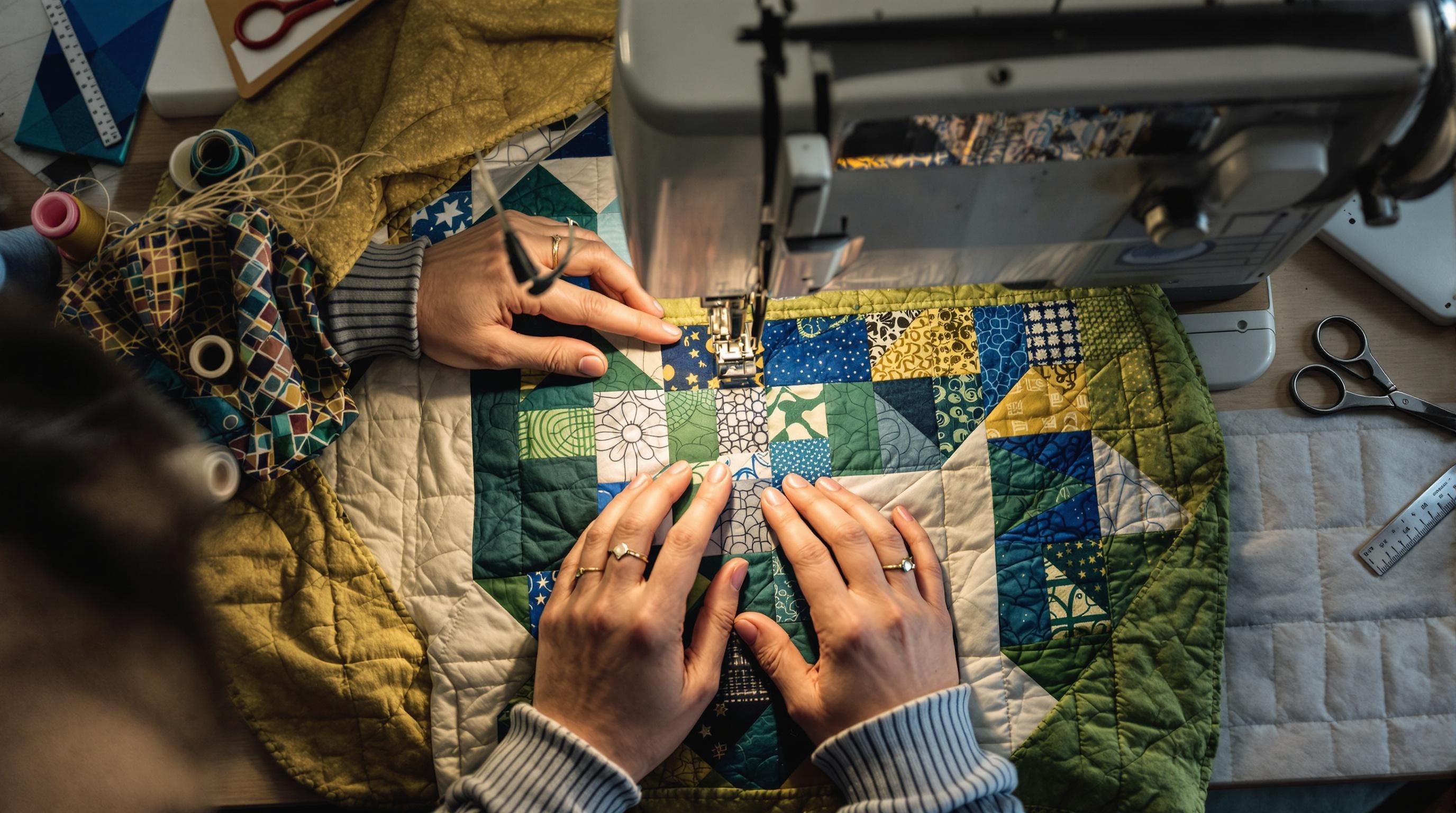 Various quilting materials including colorful fabric, thread, and batting