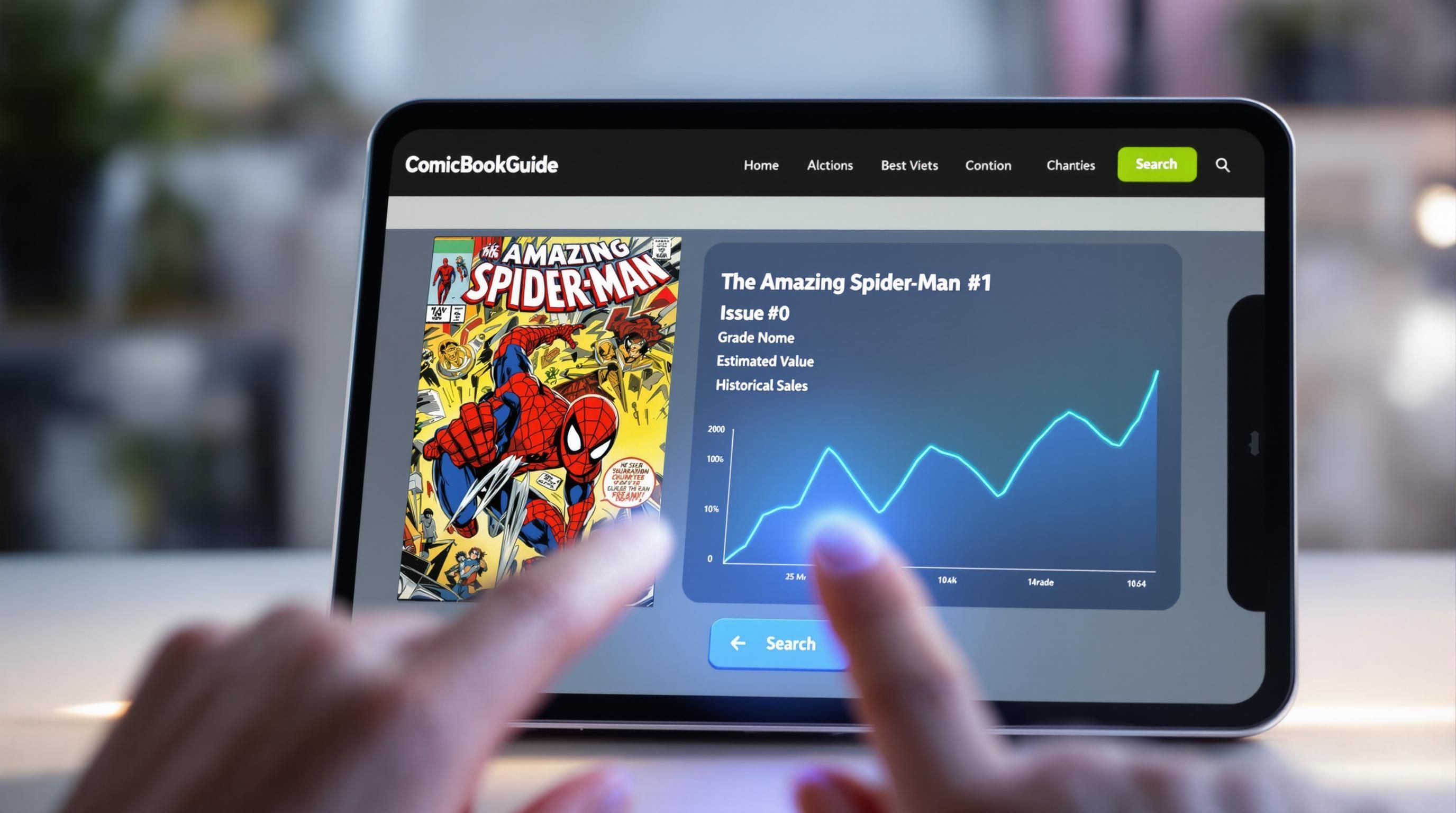 Person carefully examining a comic book with white cotton gloves and digital reference materials