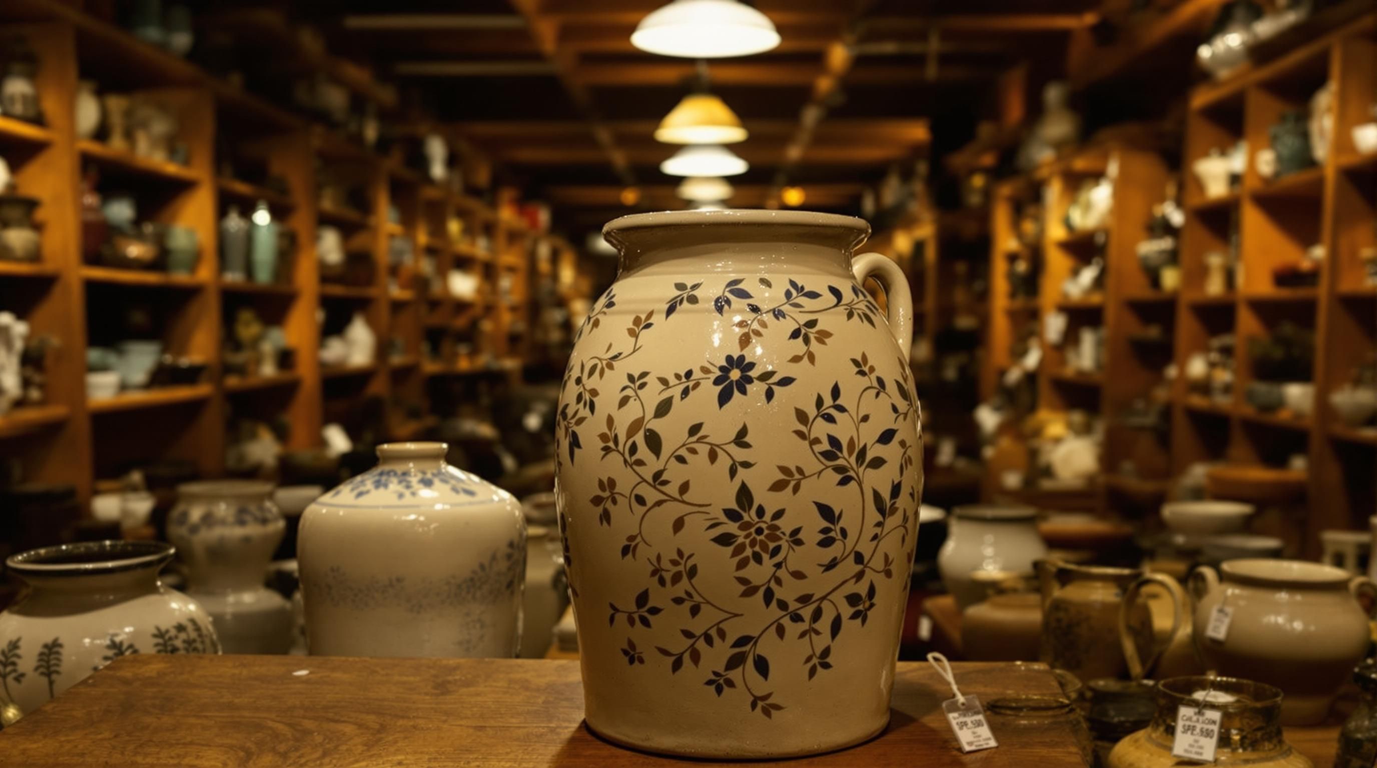 Close-up of antique crock with blue decoration and maker’s mark