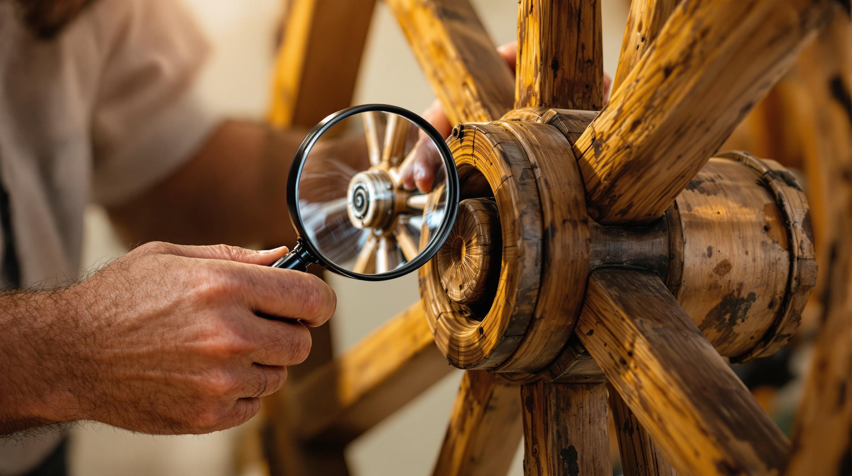 Close examination of an authentic antique wagon wheel showing wear patterns and construction details