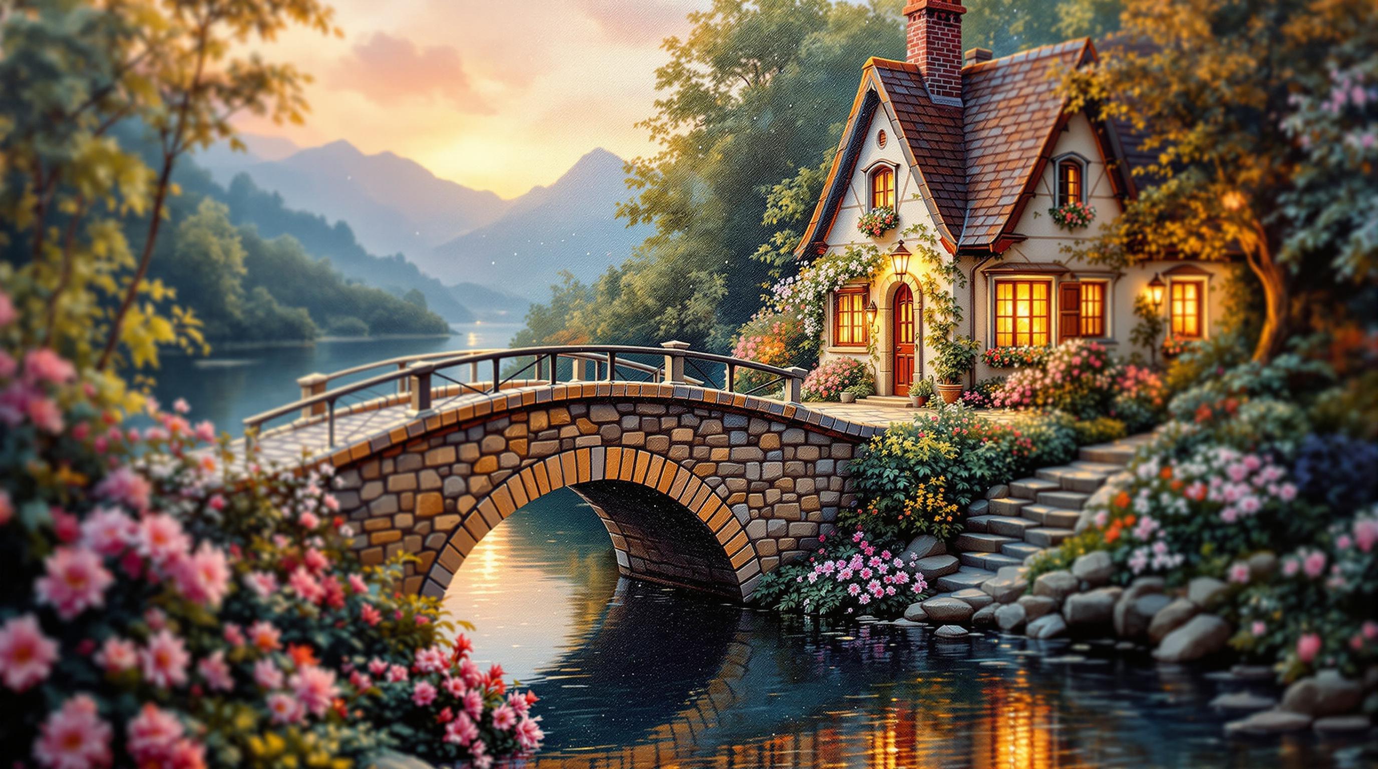 Thomas Kinkade 'Painter of Light' artwork featuring a glowing cottage in an idyllic landscape
