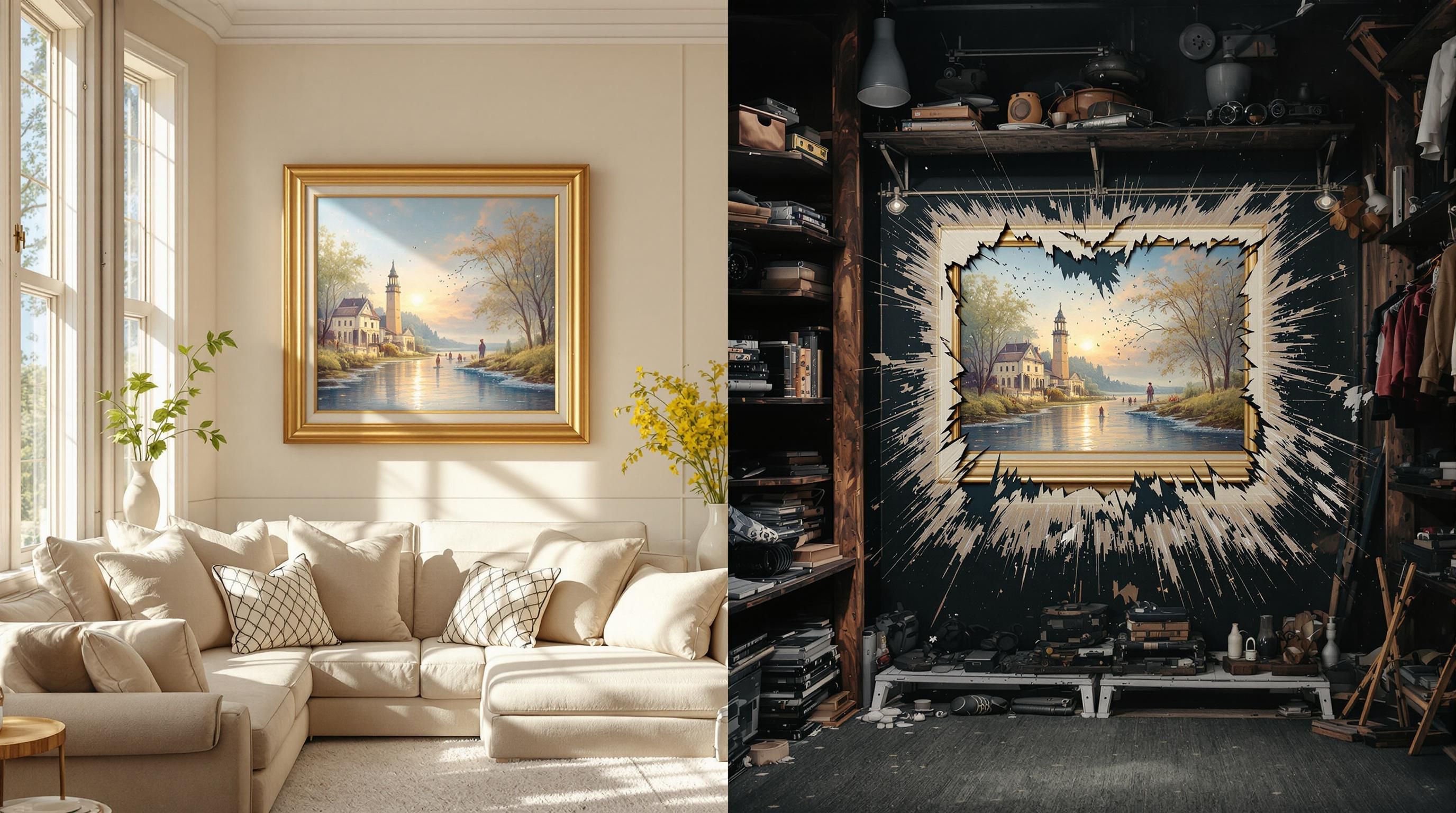 Thomas Kinkade cottage scene with mountain and lake