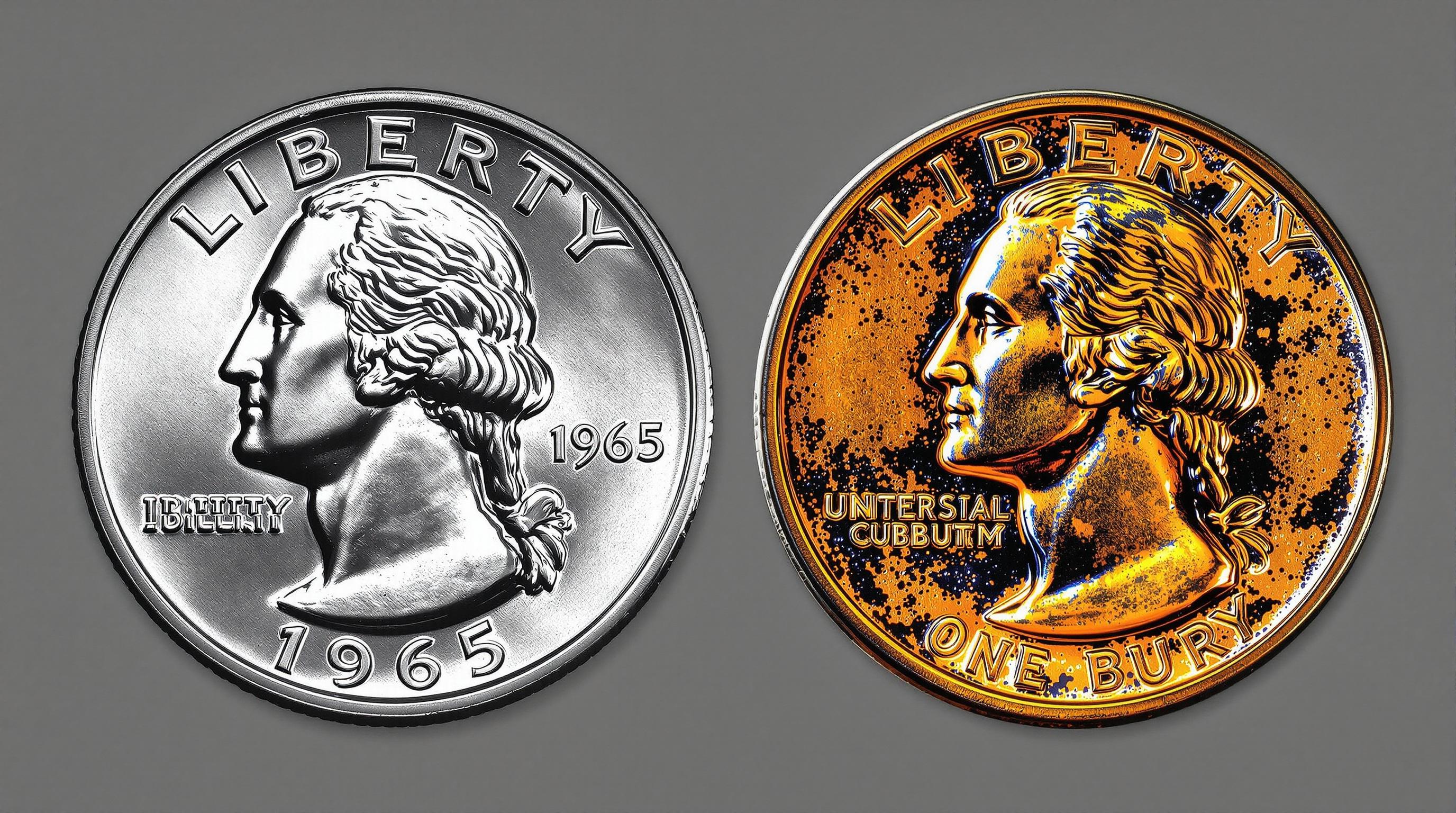 1965 quarter showing copper-nickel clad composition edge