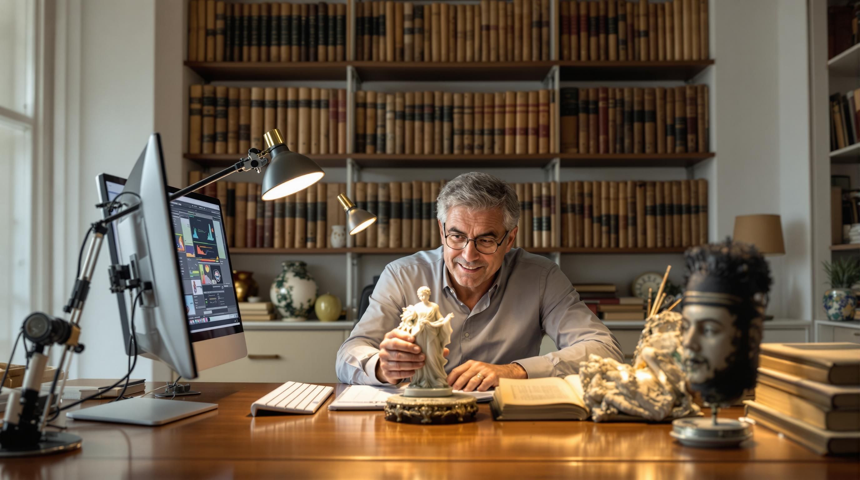 Professional appraiser examining antique vase with magnifying glass and wearing white gloves