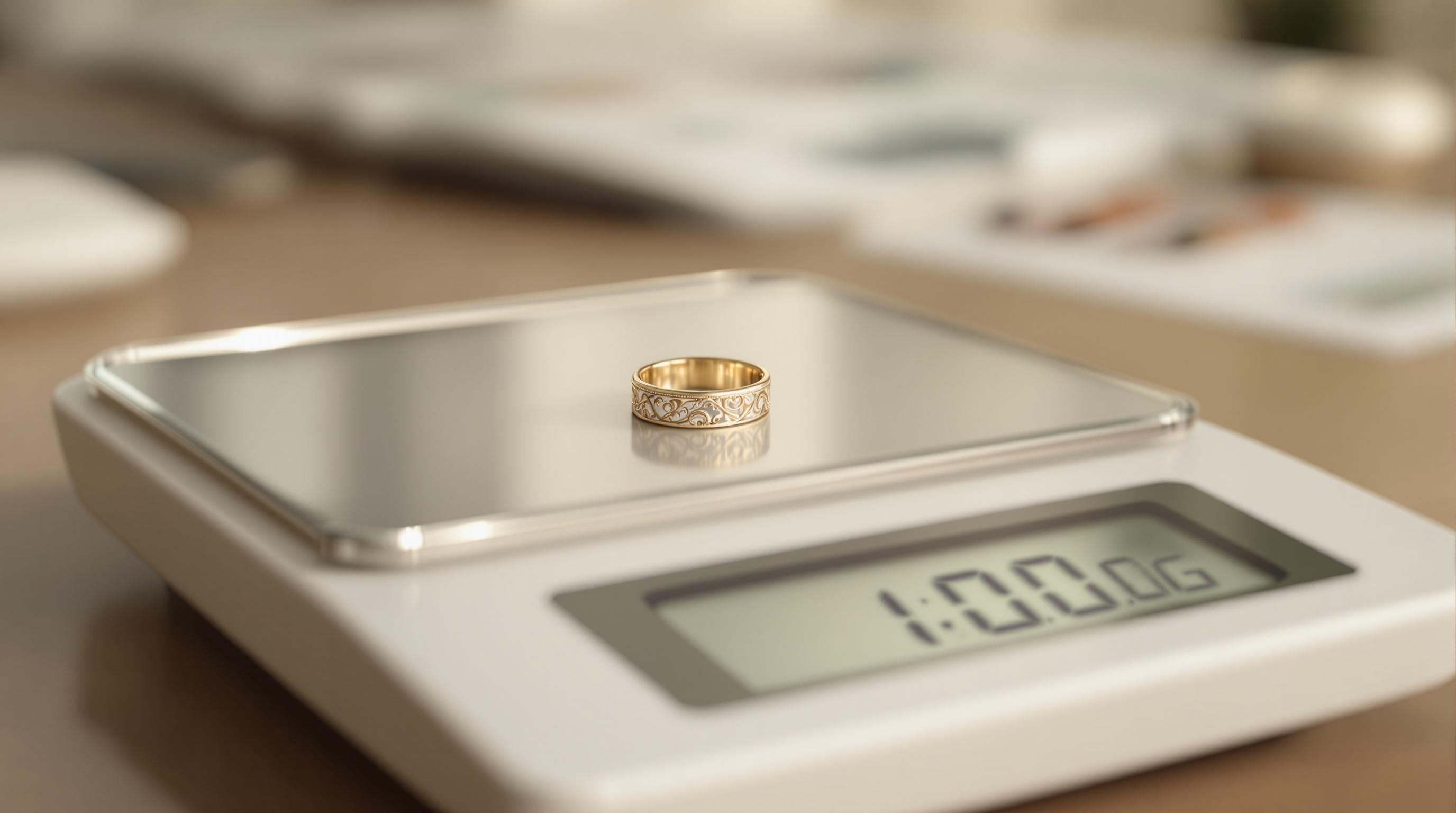 Digital scale weighing 14K gold jewelry with current market price display and calculator
