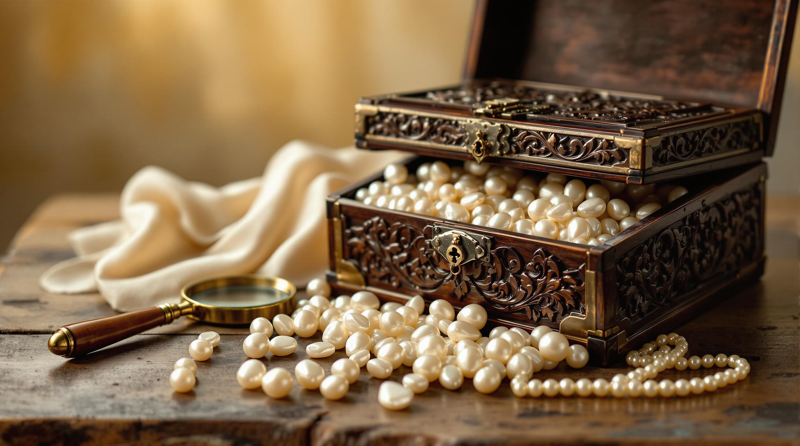 A natural pearl next to a cultured pearl showing the difference in appearance