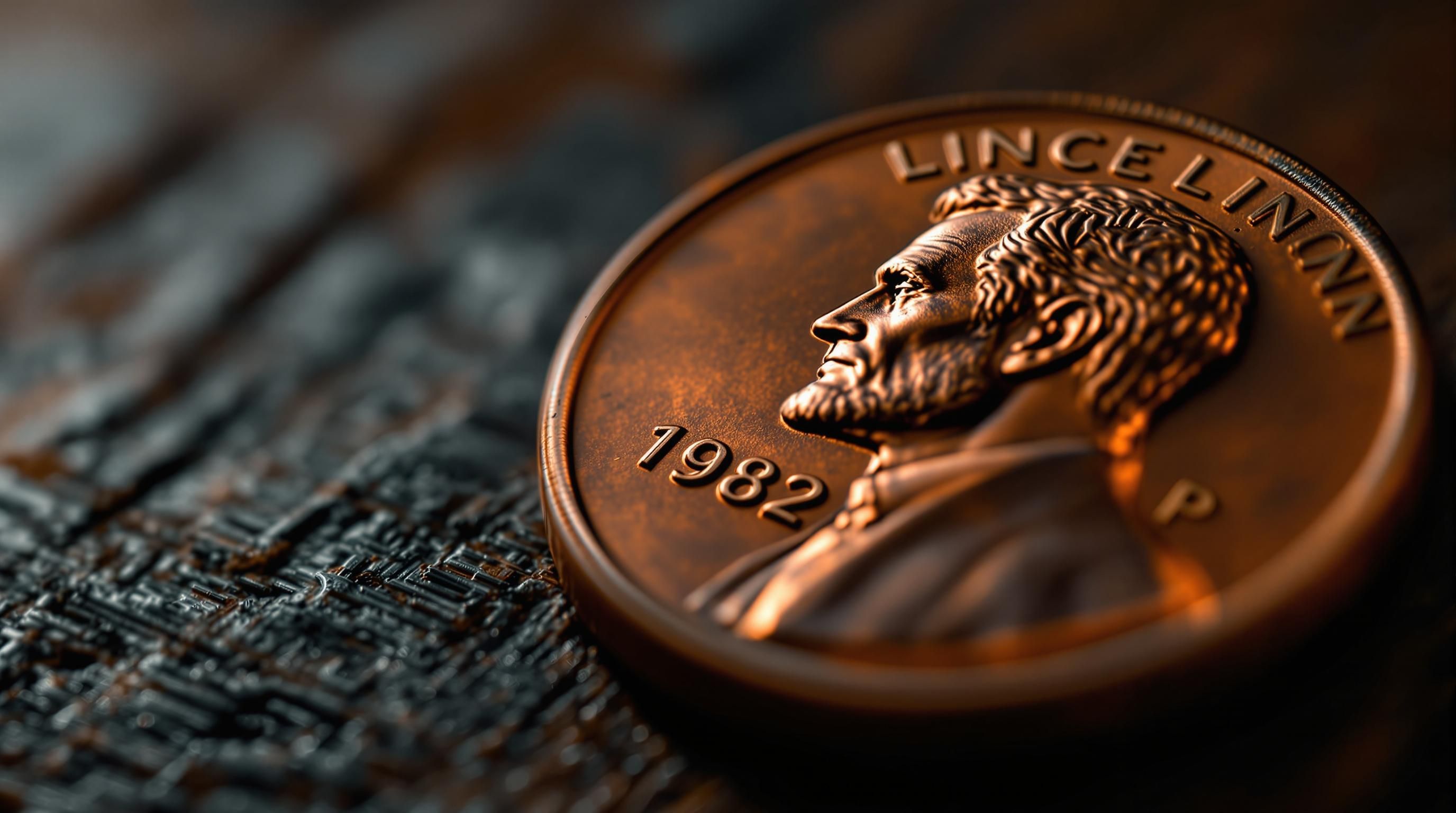 1982 Lincoln penny showing large and small date varieties with different copper and zinc compositions