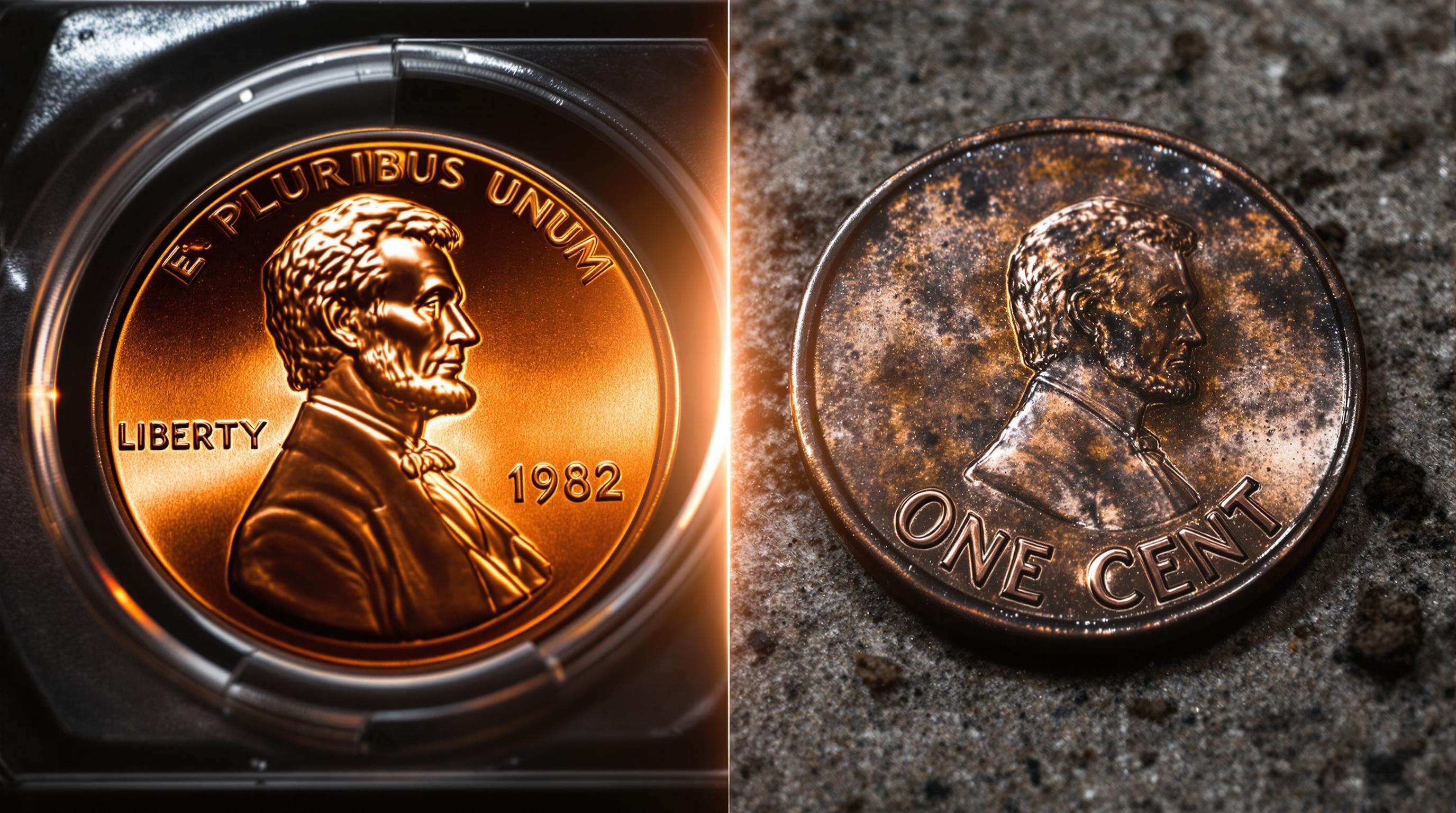Close-up of 1982 penny showing the date varieties and mint mark location