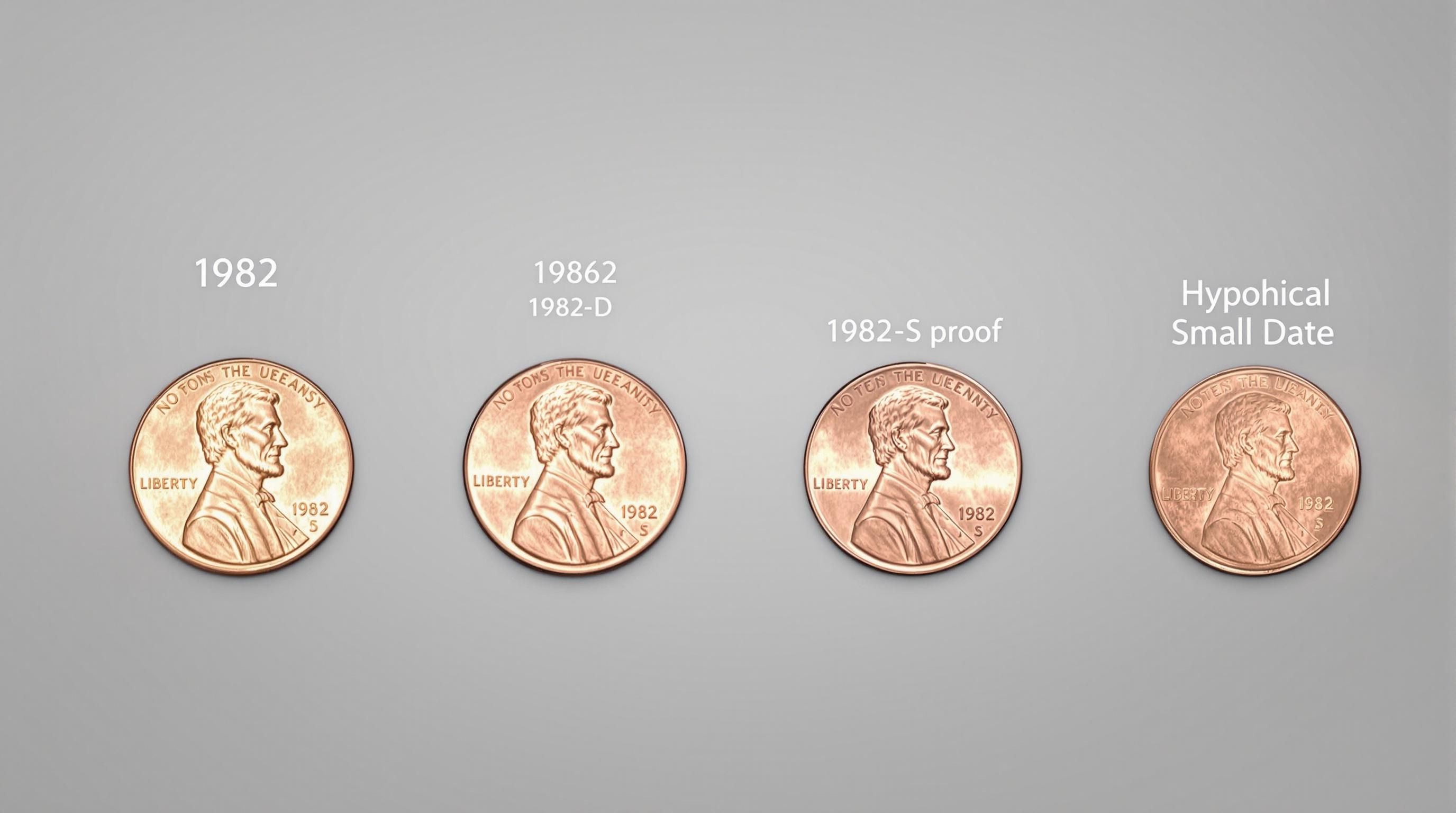 Example of 1982 penny errors including doubled dies and off-center strikes
