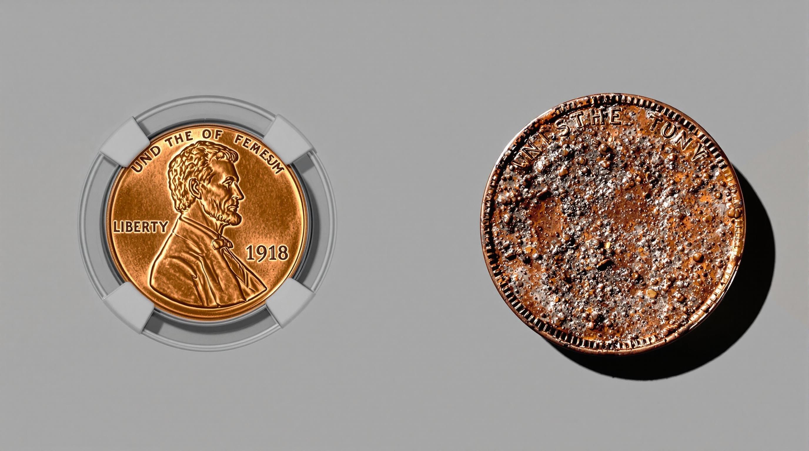 Close-up of a 1918-D wheat penny showing the mint mark below the date