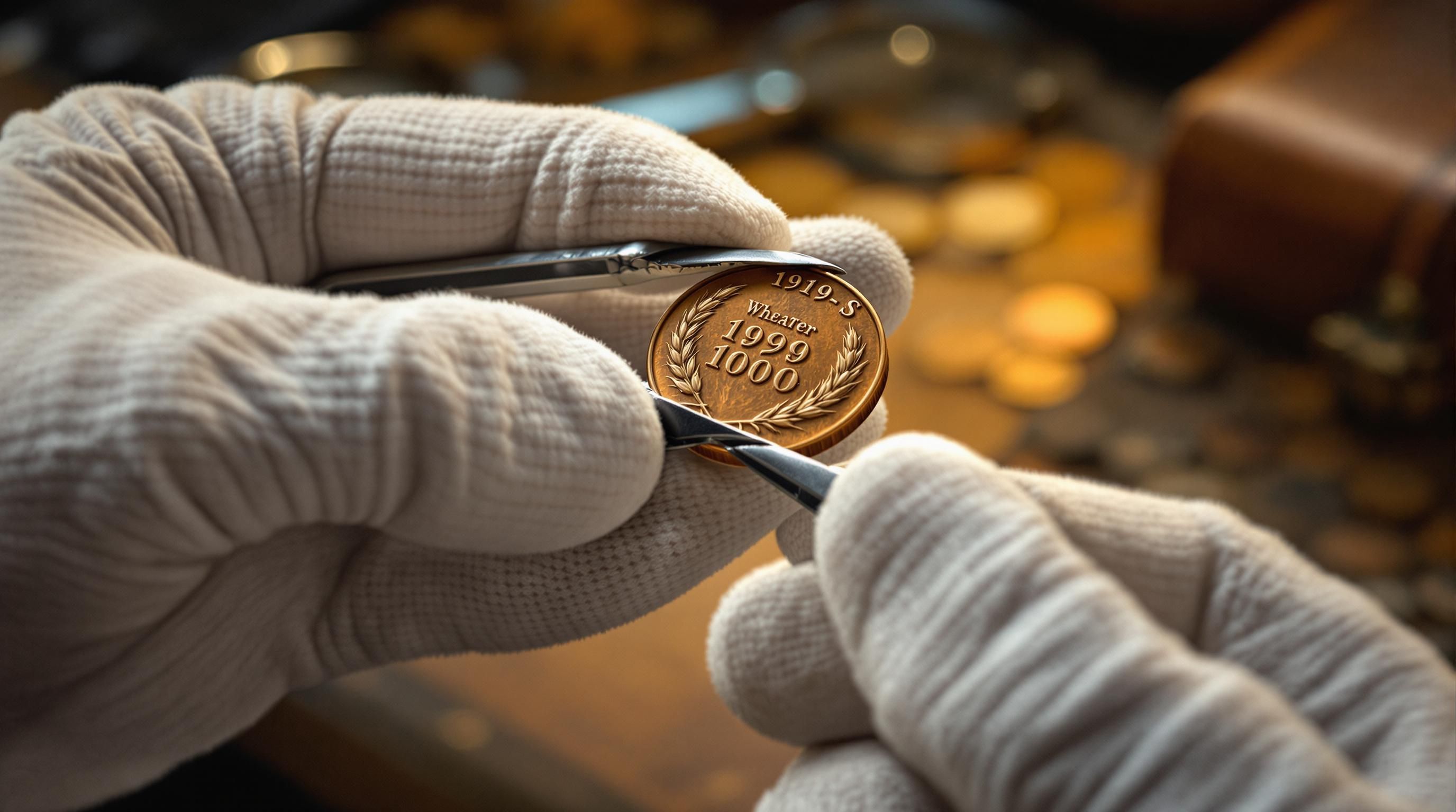 Various 1919-S wheat pennies in different conditions showing value progression