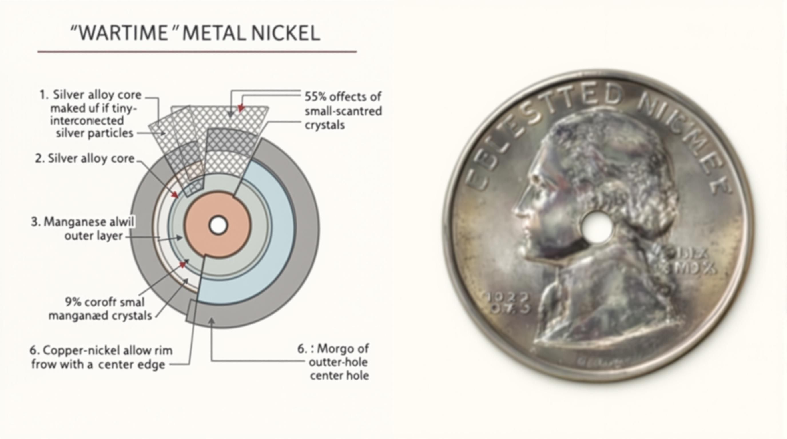 Different grades of 1942 Jefferson nickels showing wear patterns