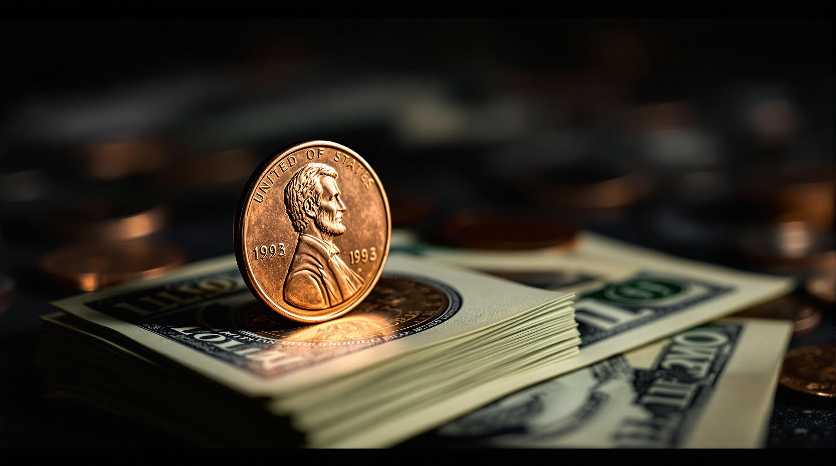 A magnifying glass examining a 1993 penny to identify valuable features