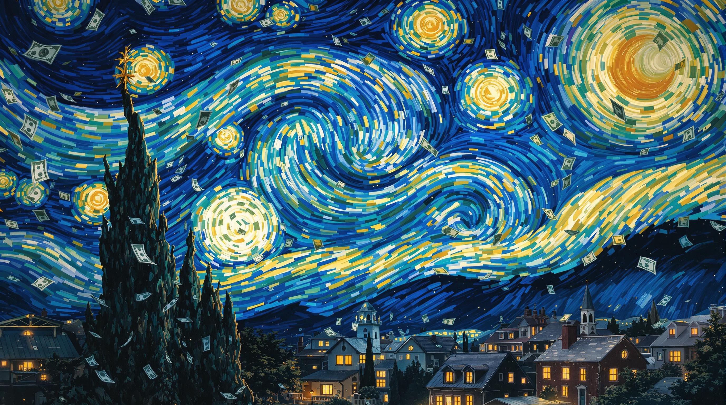 Auction scene showing a Van Gogh painting being sold for millions