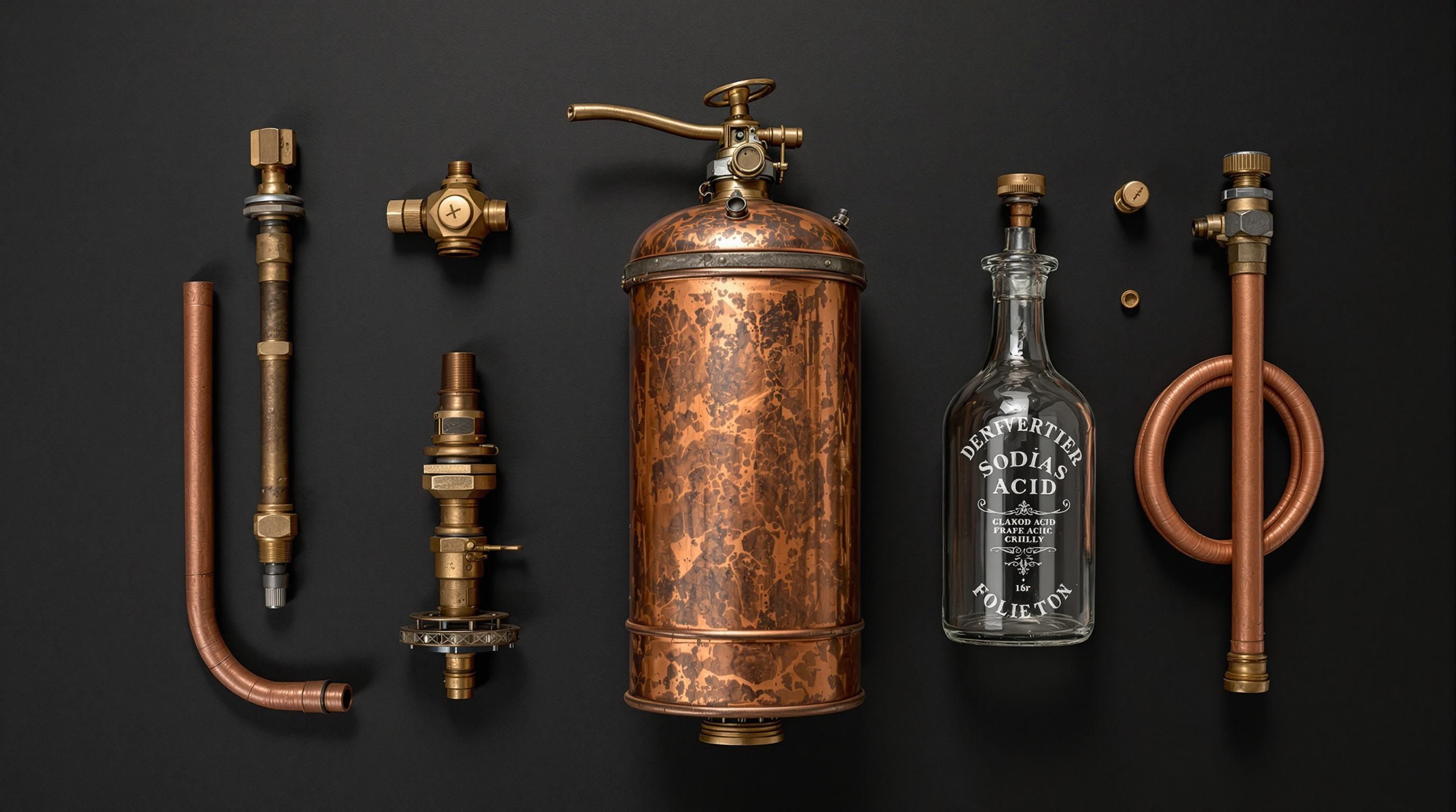 Collectible antique brass fire extinguisher displayed on wooden stand showing decorative patina