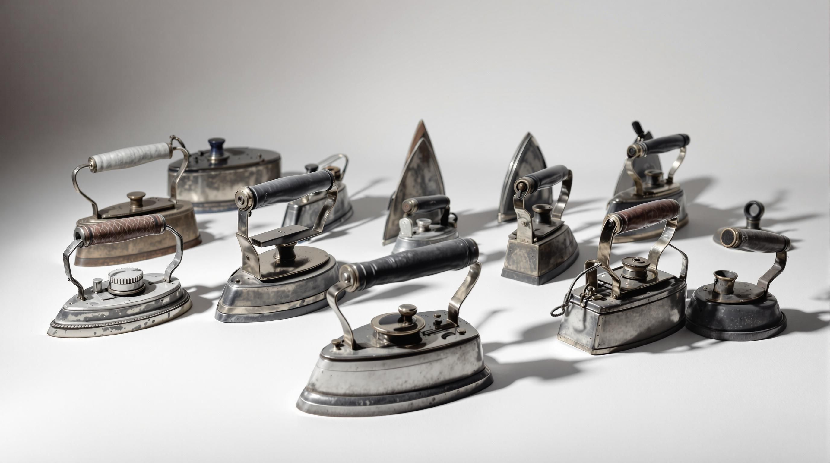 Various types of antique sad irons with different heating mechanisms