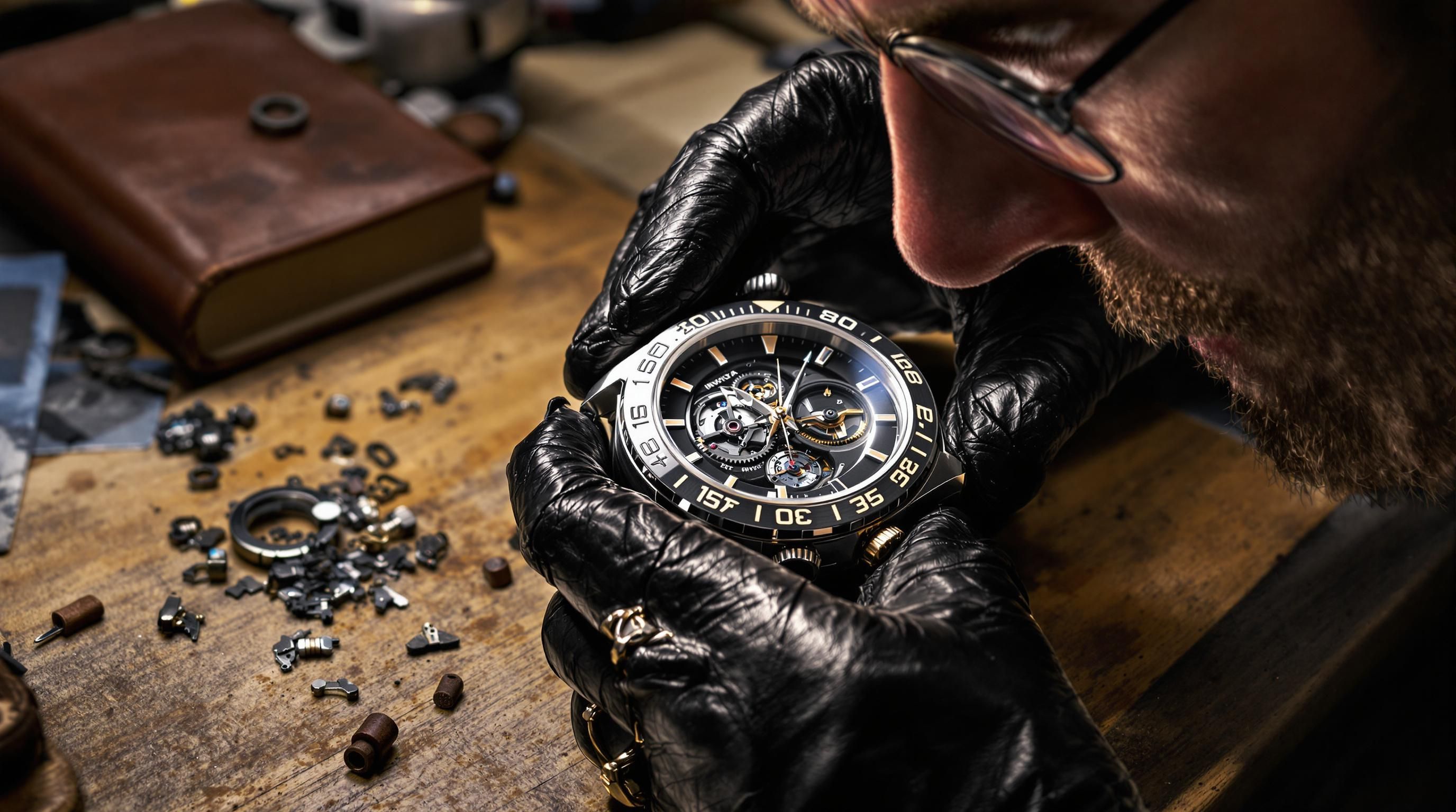 Invicta watch being appraised with magnifying glass and tools