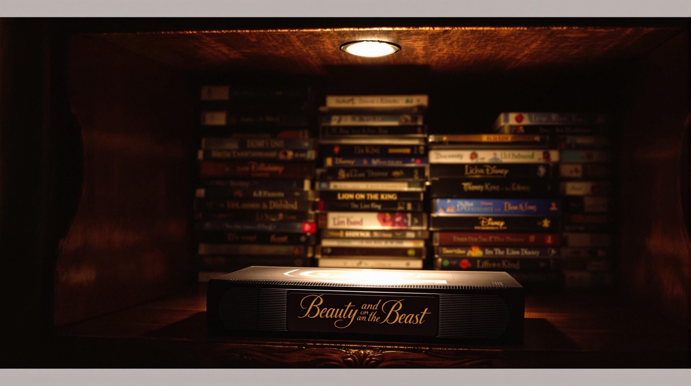 Close-up of the iconic Black Diamond logo on the spine of a Beauty and the Beast VHS case
