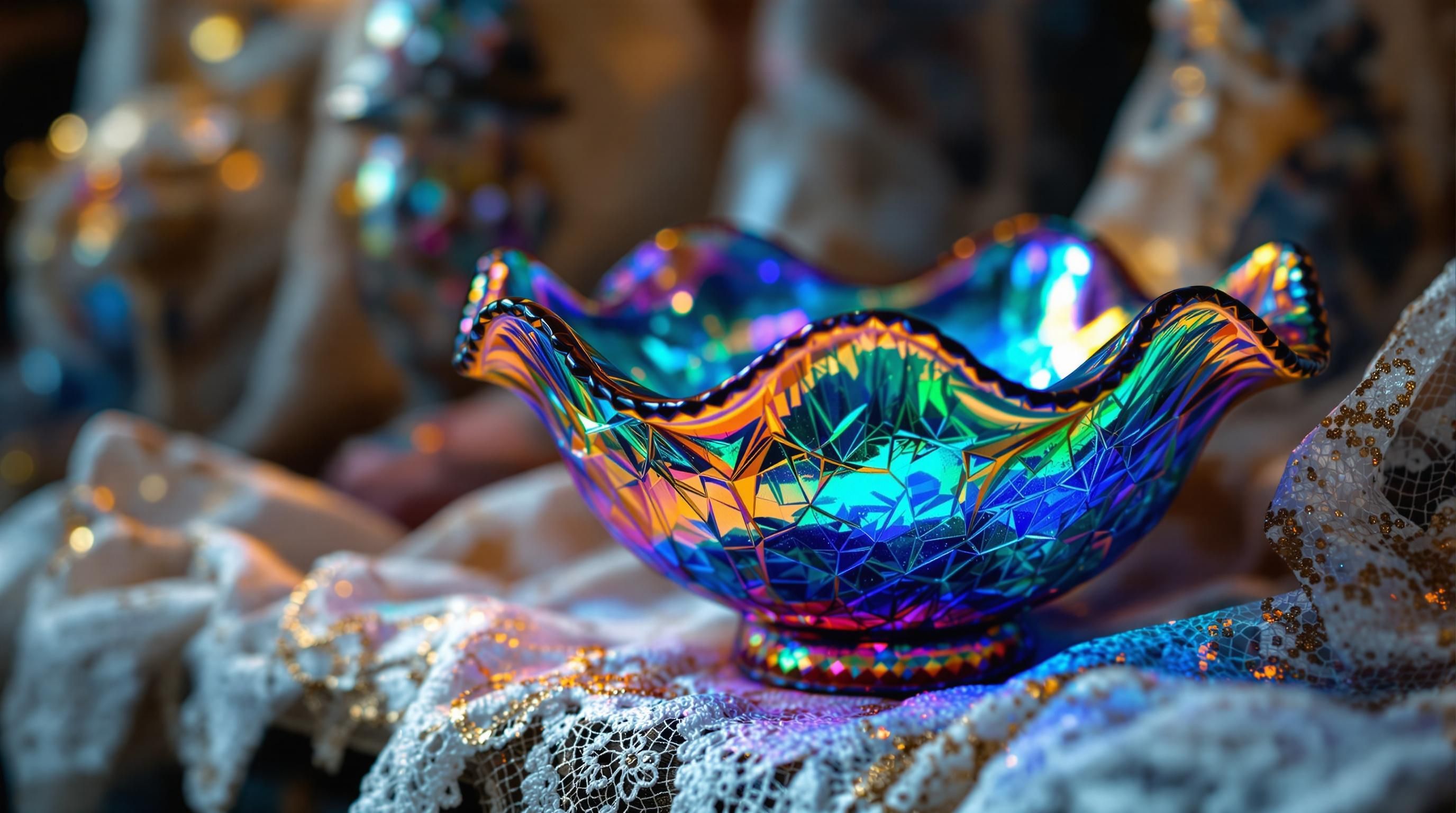 Assortment of colorful carnival glass pieces showcasing various patterns and iridescent finishes from the early 1900s