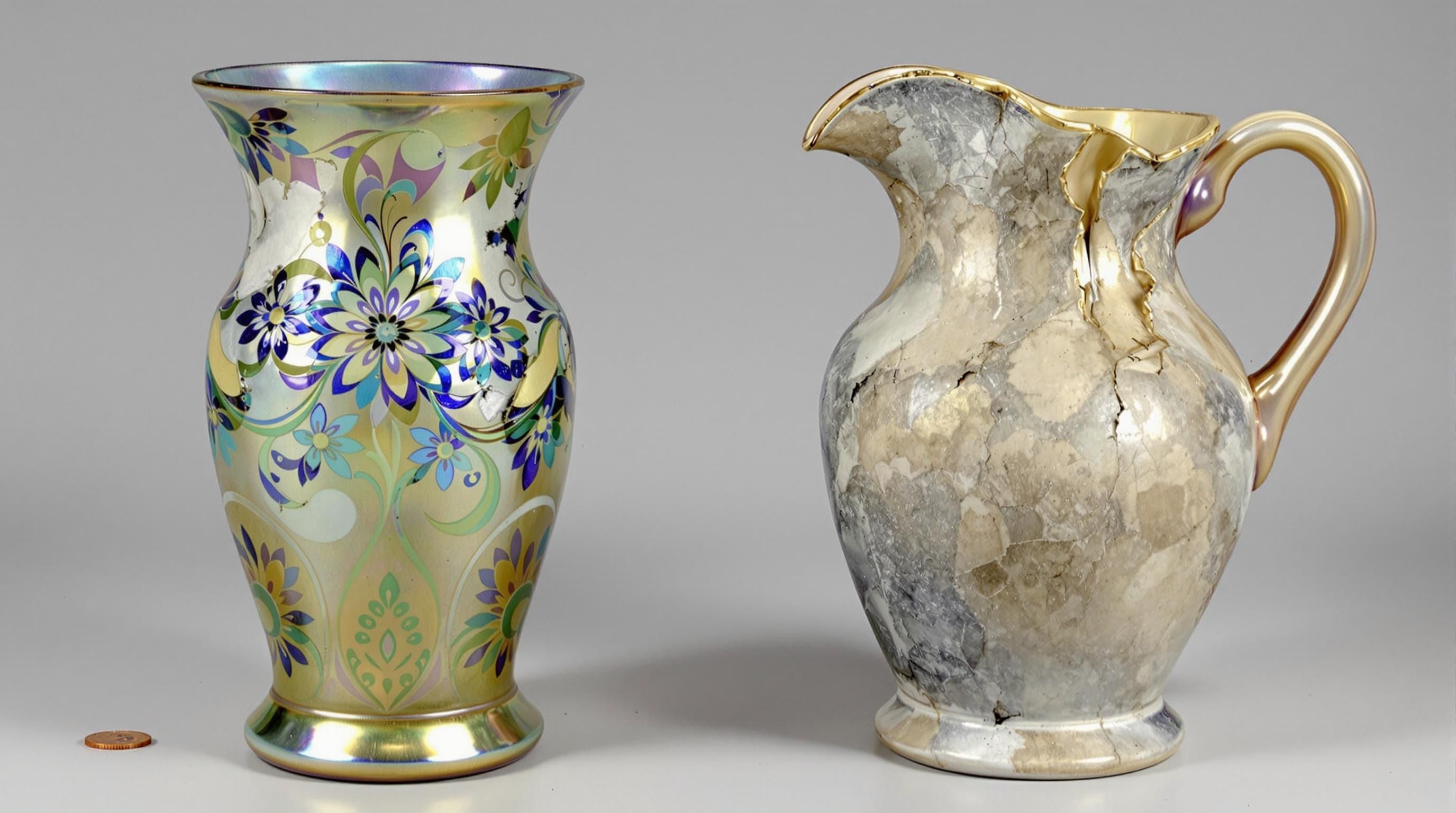 Different colored carnival glass pieces arranged to show the variety of hues including marigold, blue, and green