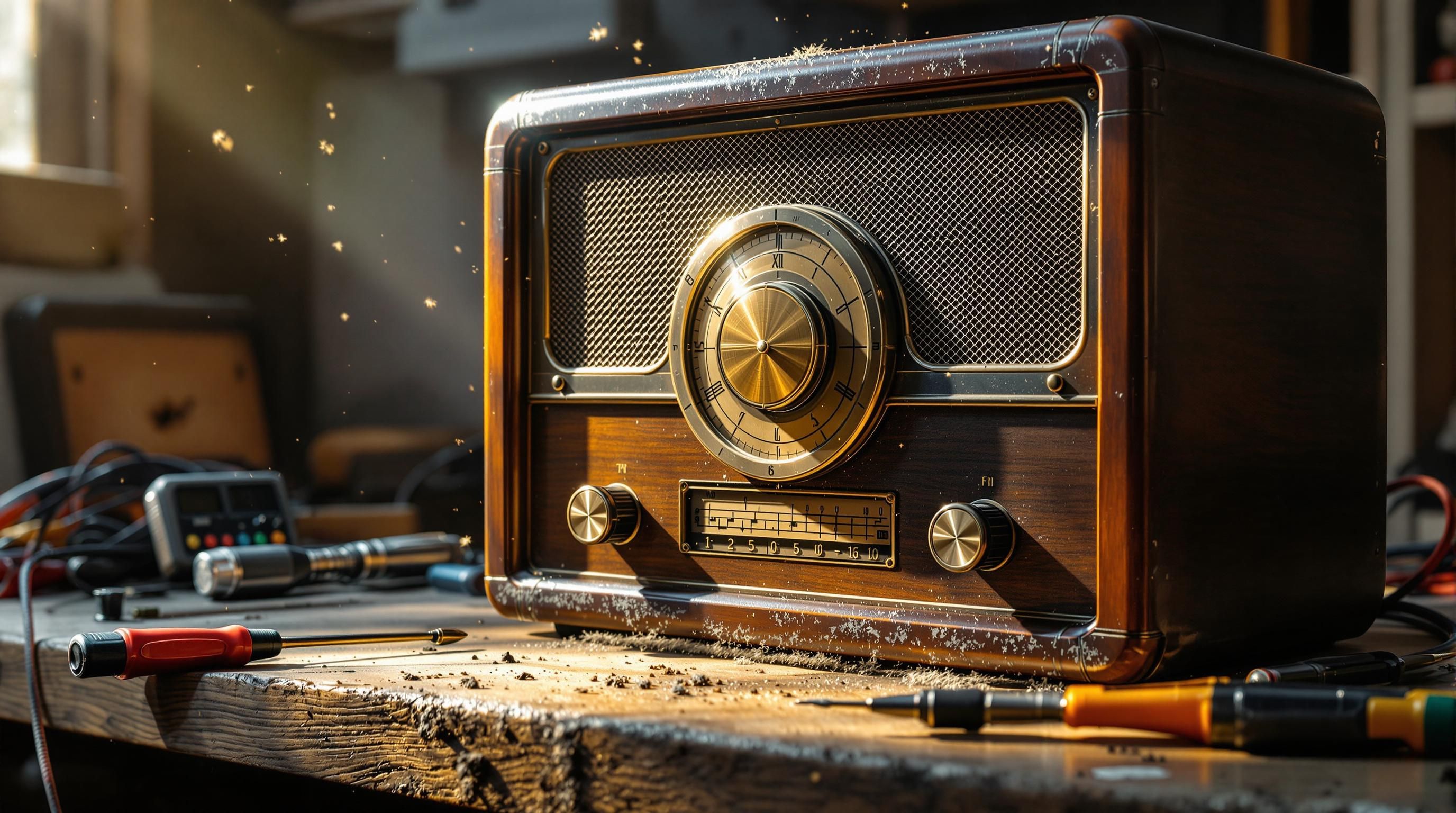 Vintage wooden tube radio with ornate cabinet details showcasing classic 1940s craftsmanship