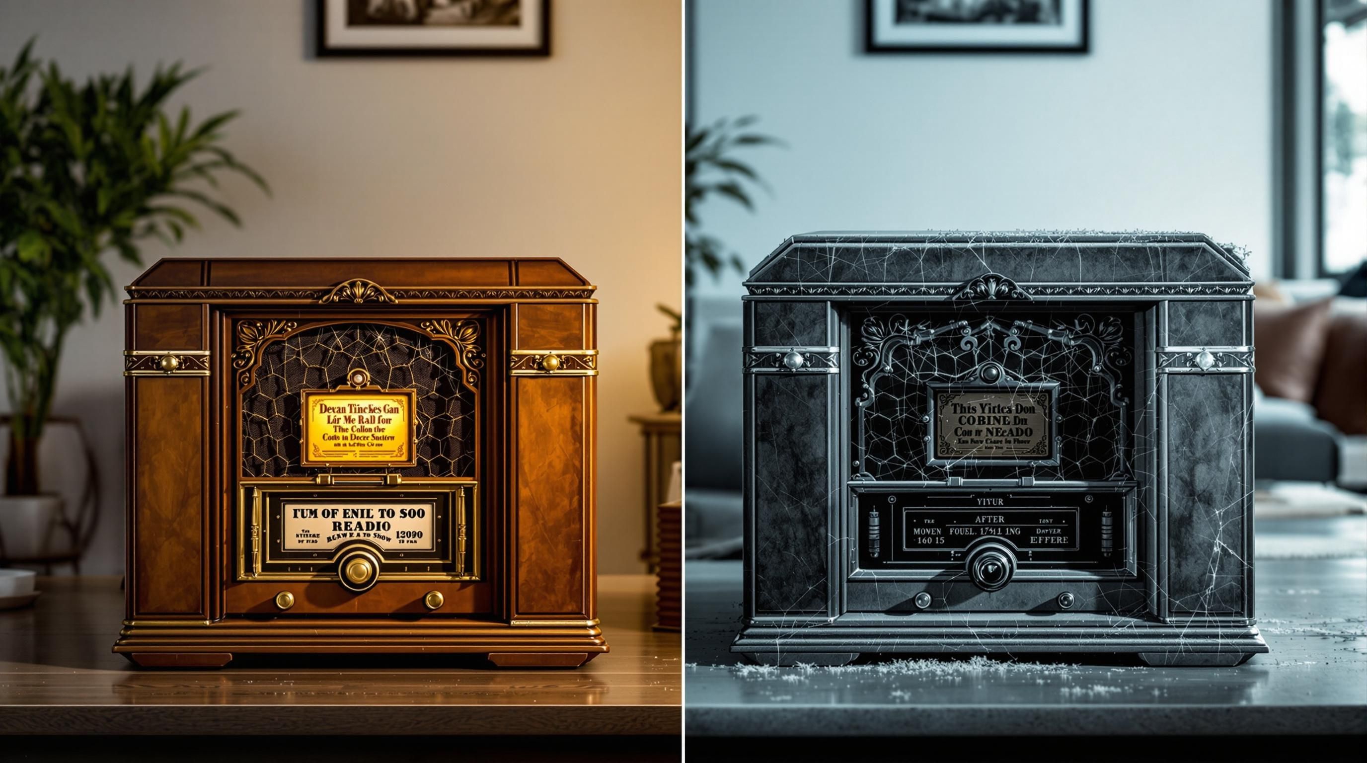 Close-up of antique radio dial and manufacturer markings