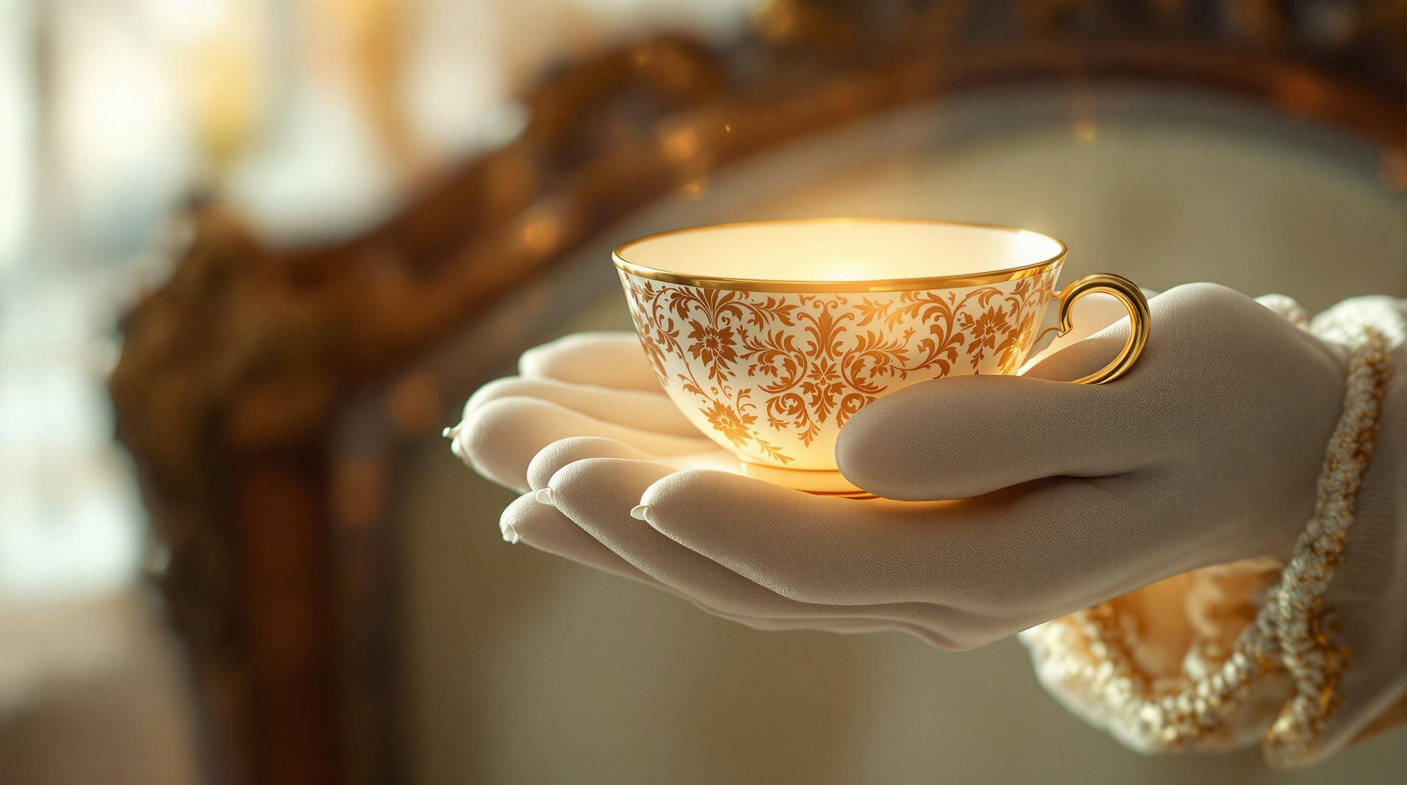 Antique fine china tea set with gold trim on display