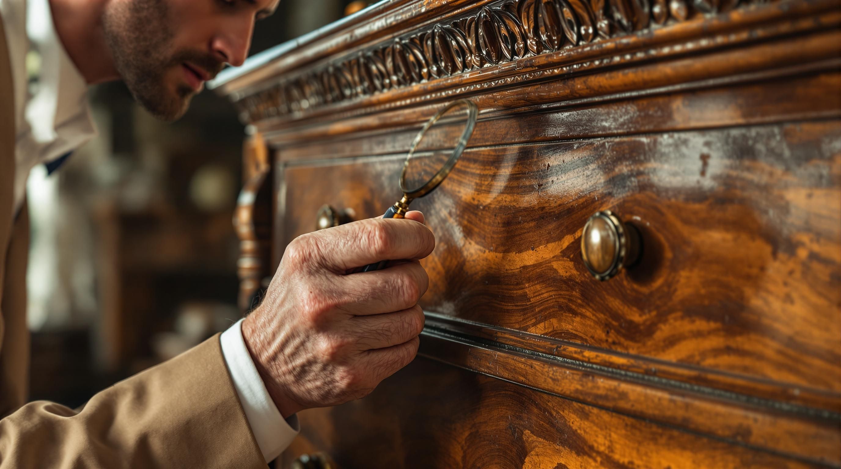 Victorian antique desk with drawer being examined by an appraiser