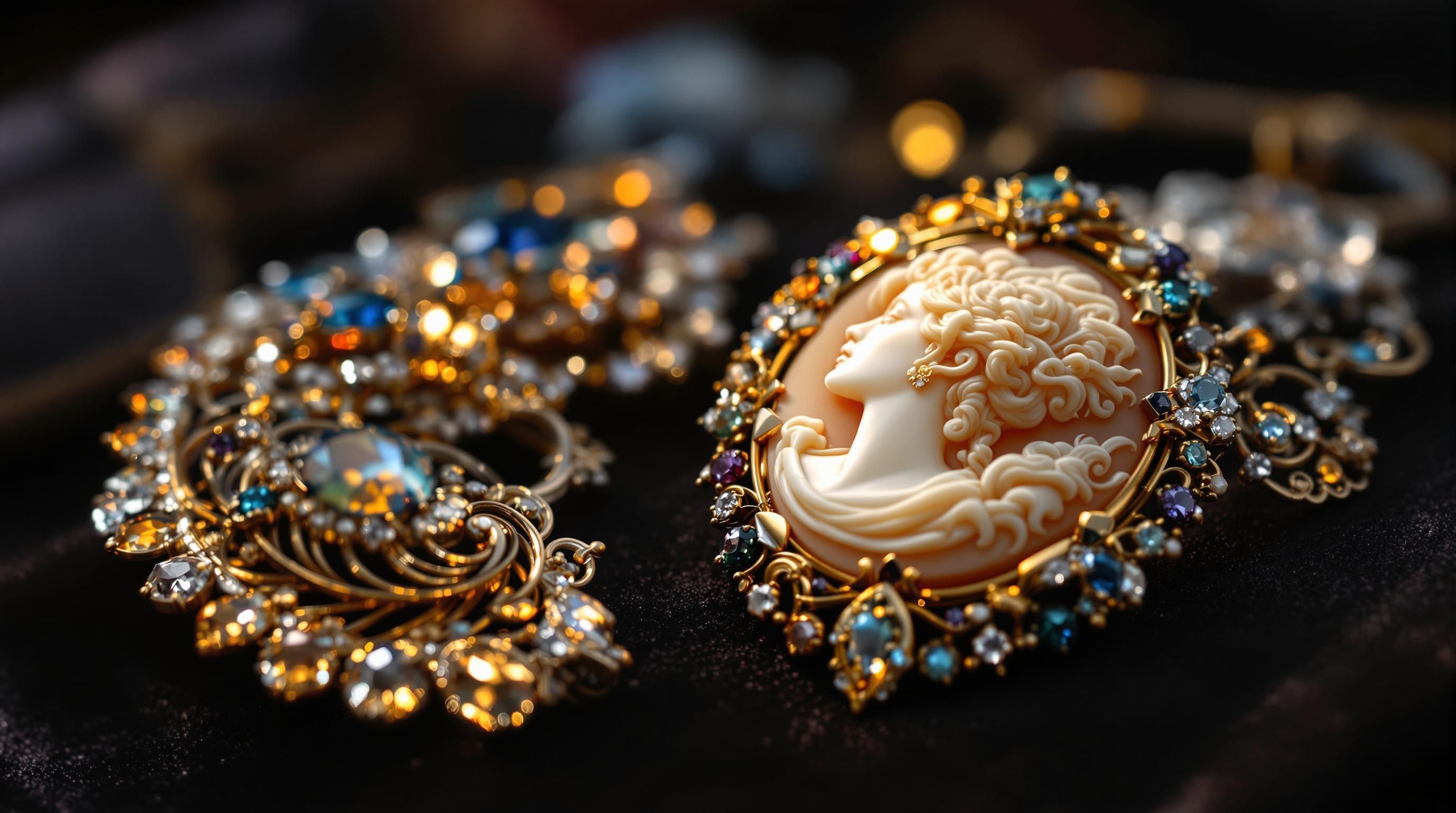 Diverse collection of antique brooches showing various periods, materials, and clasp styles for identification