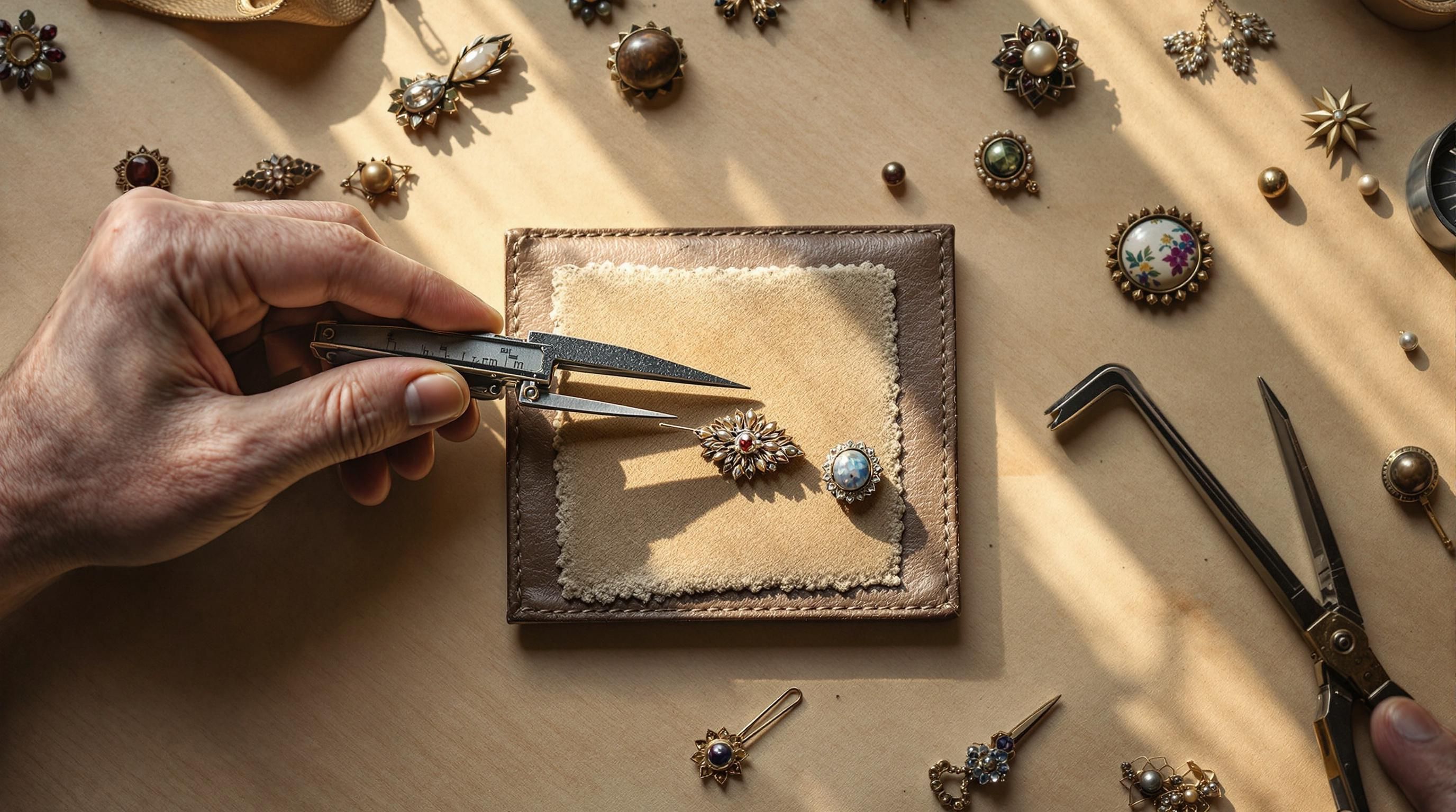 Close-up photograph of various antique brooch clasps and fastening mechanisms from different time periods