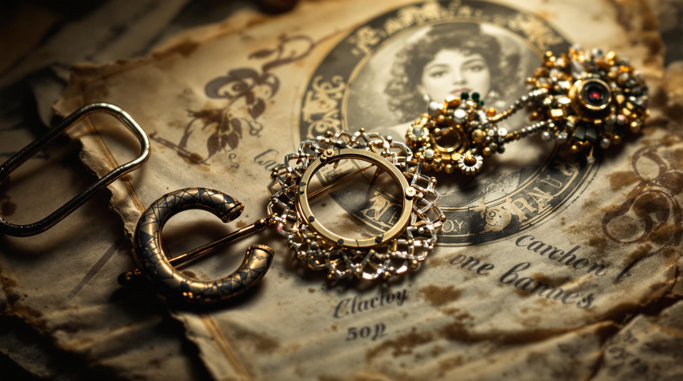 Detailed image showing various materials used in antique brooches including gold, silver, enamel, and gemstones