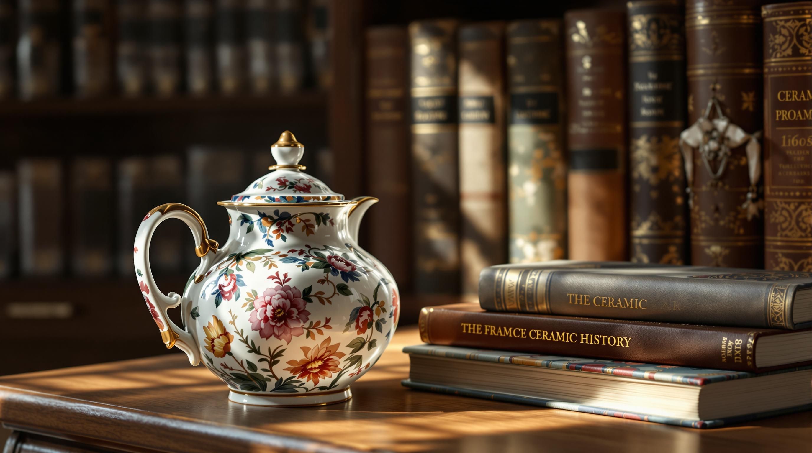Close-up of antique ceramic decoration showing hand-painted details and gilding