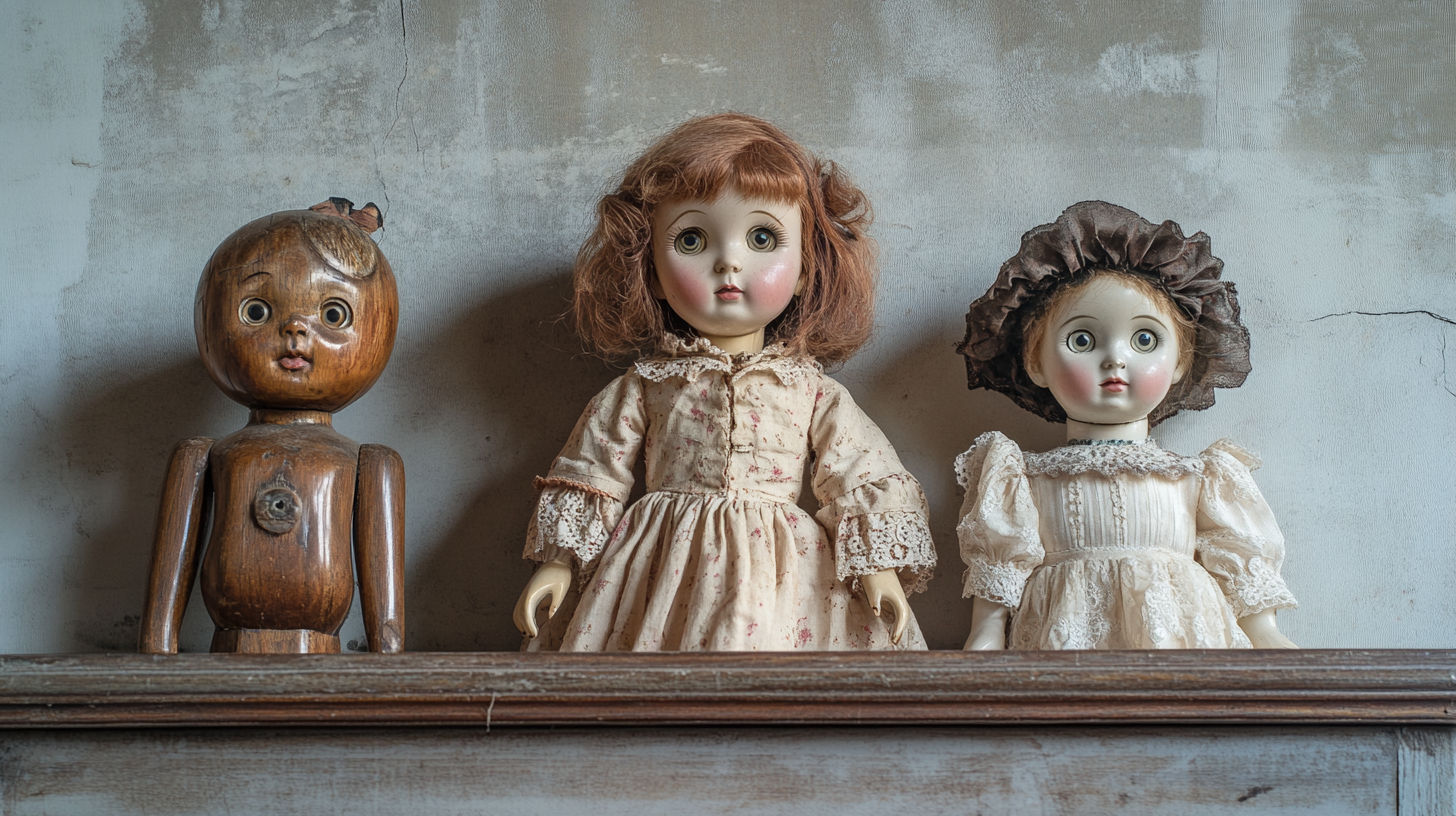Various antique dolls showing different body materials and construction