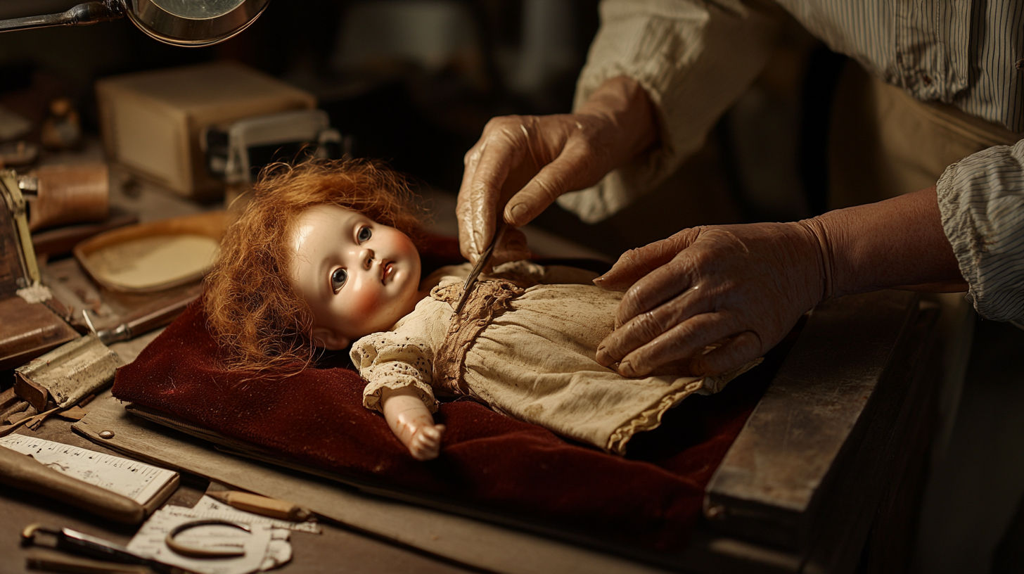 Antique doll wearing original period clothing with detailed accessories
