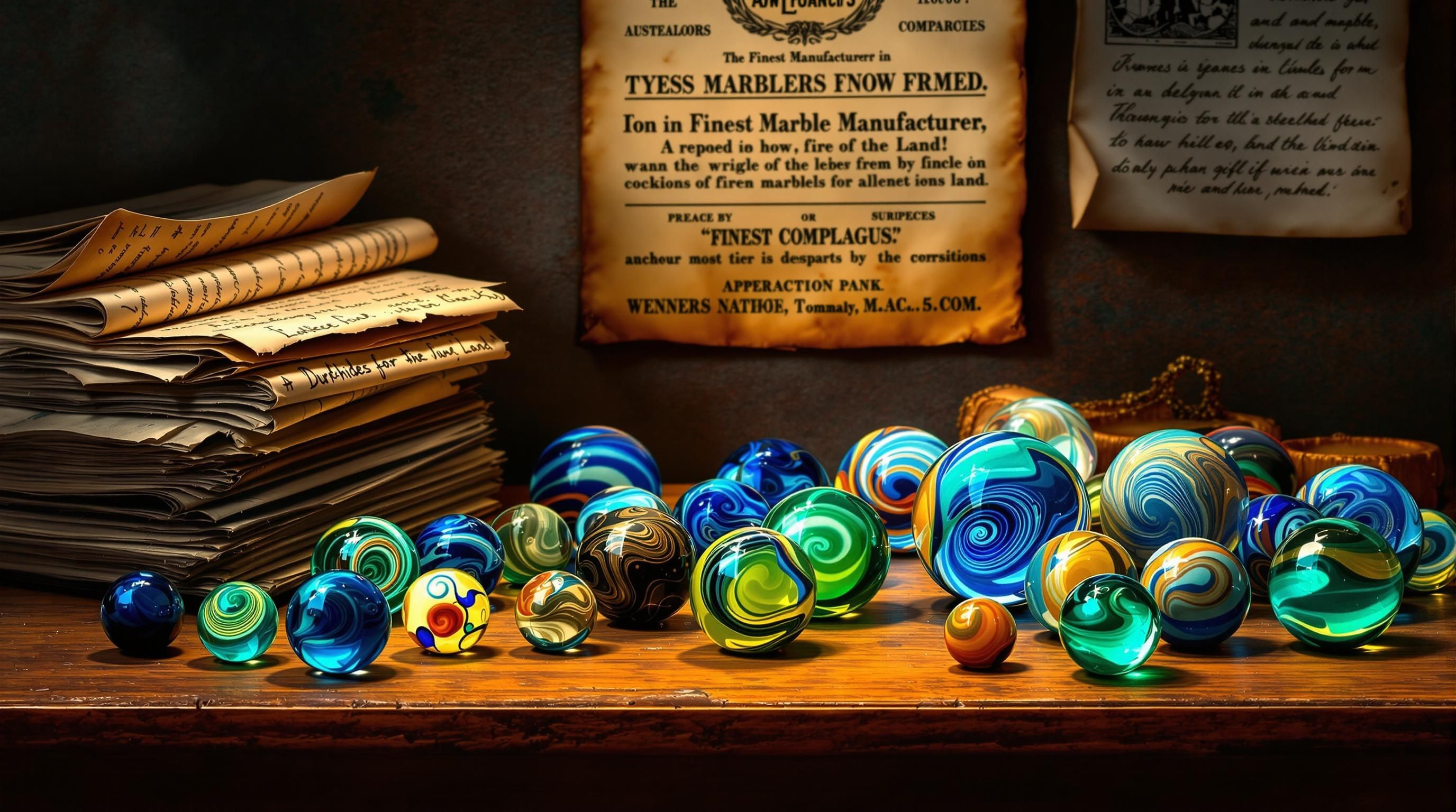 Various types of antique marbles including swirls, slags, and agates