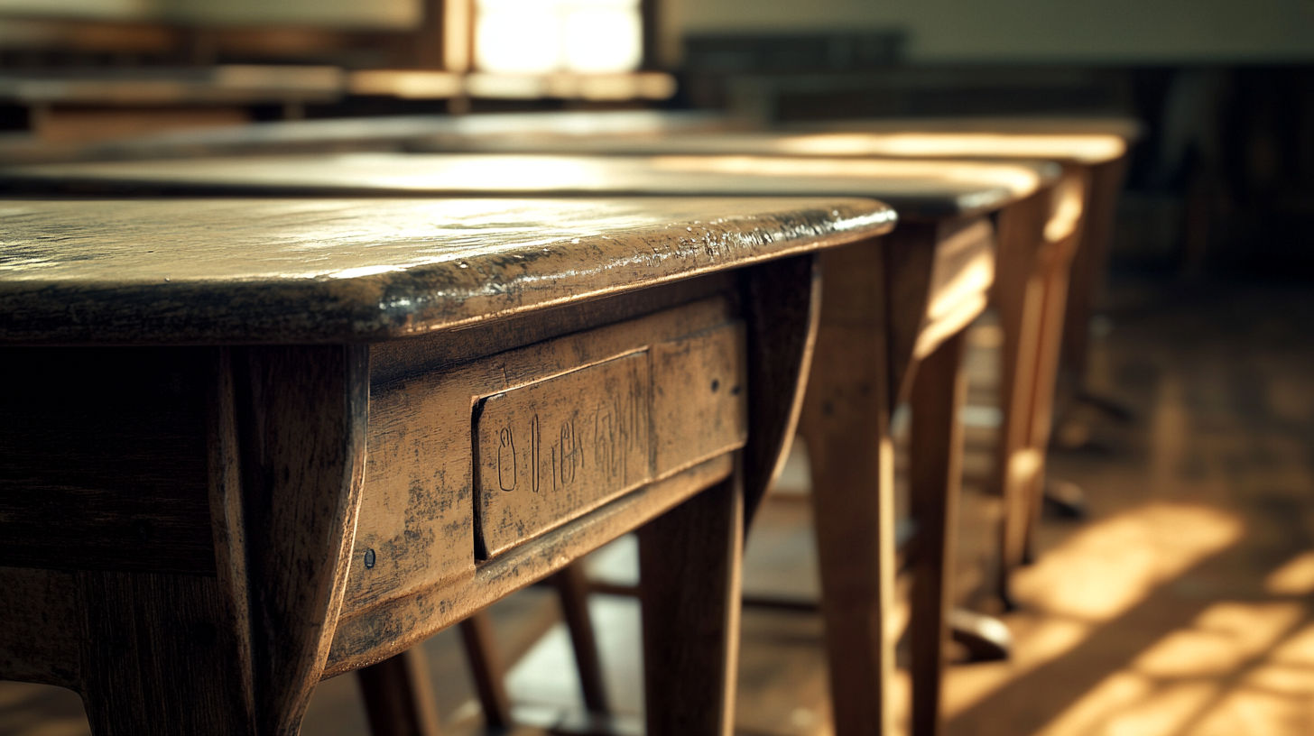 Close-up of ornate cast iron legs on an antique school desk
