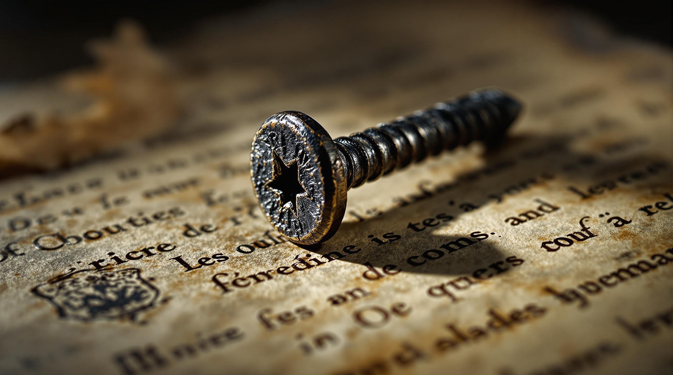 Close-up of hand-forged antique screws showing irregular threading and tool marks