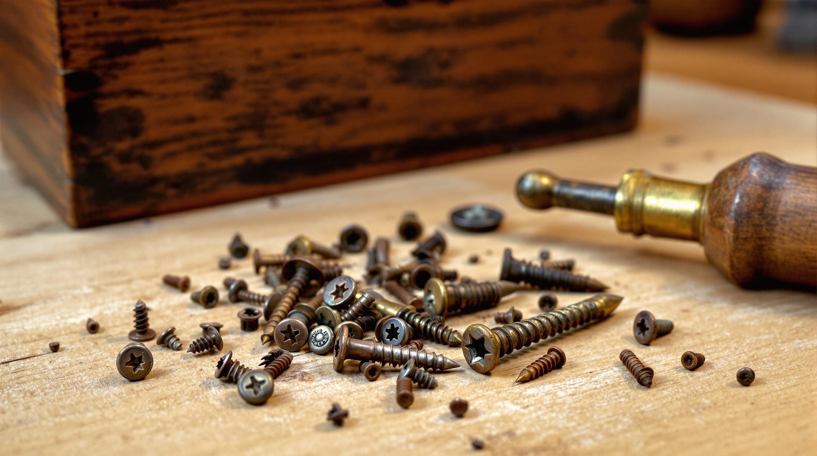 Various antique screw heads showing different slot styles and manufacturing techniques