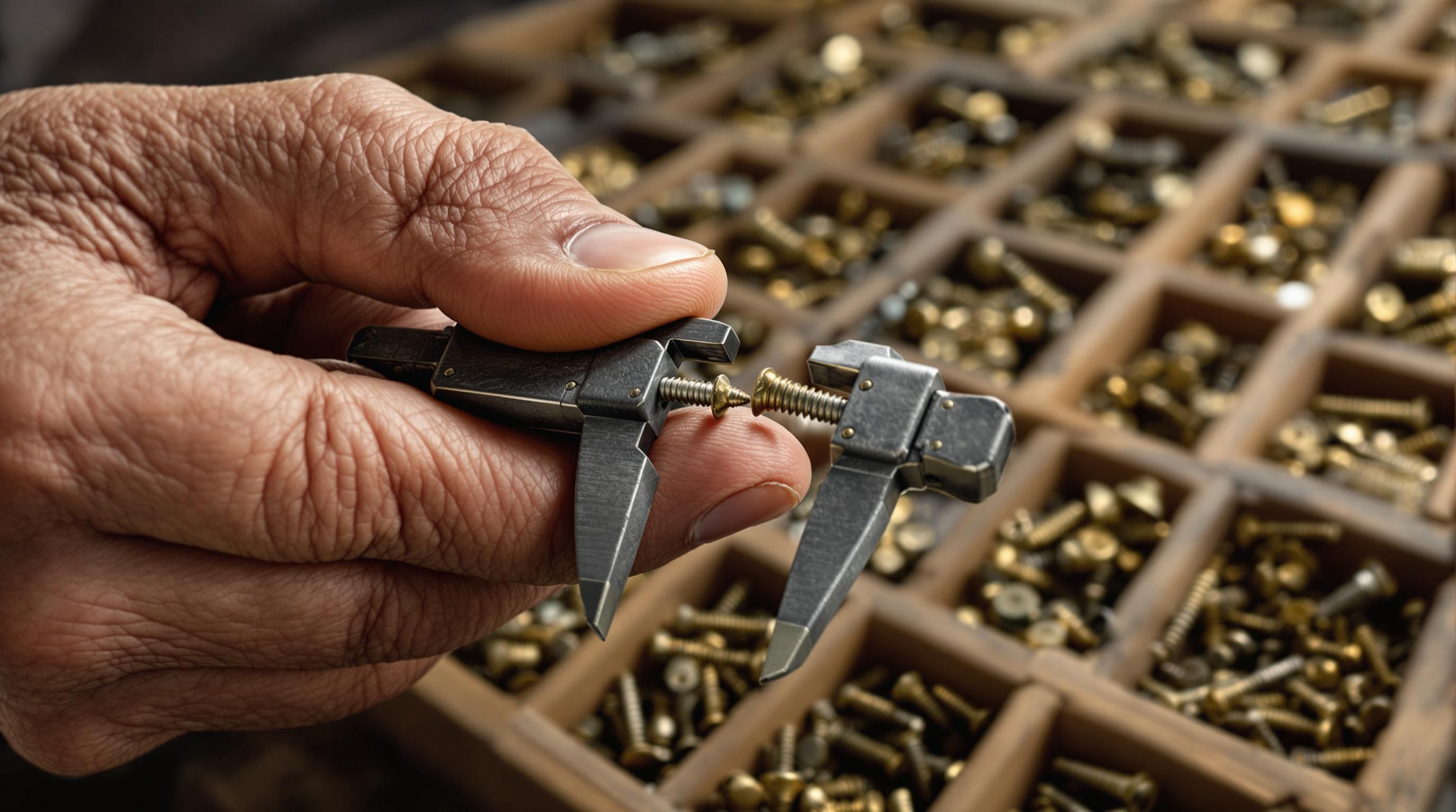 Organized collection of antique screws displayed in a collector's case showing different sizes and types