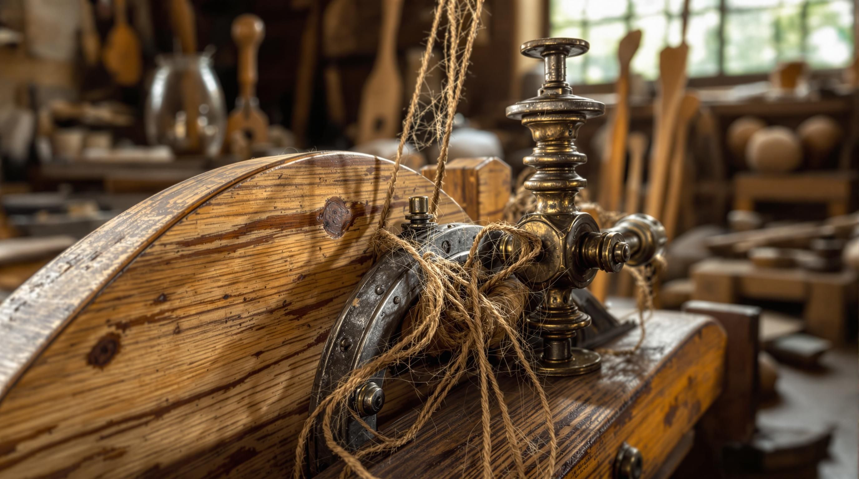 Authentic antique Saxony-style wooden spinning wheel with original flyer assembly and patina
