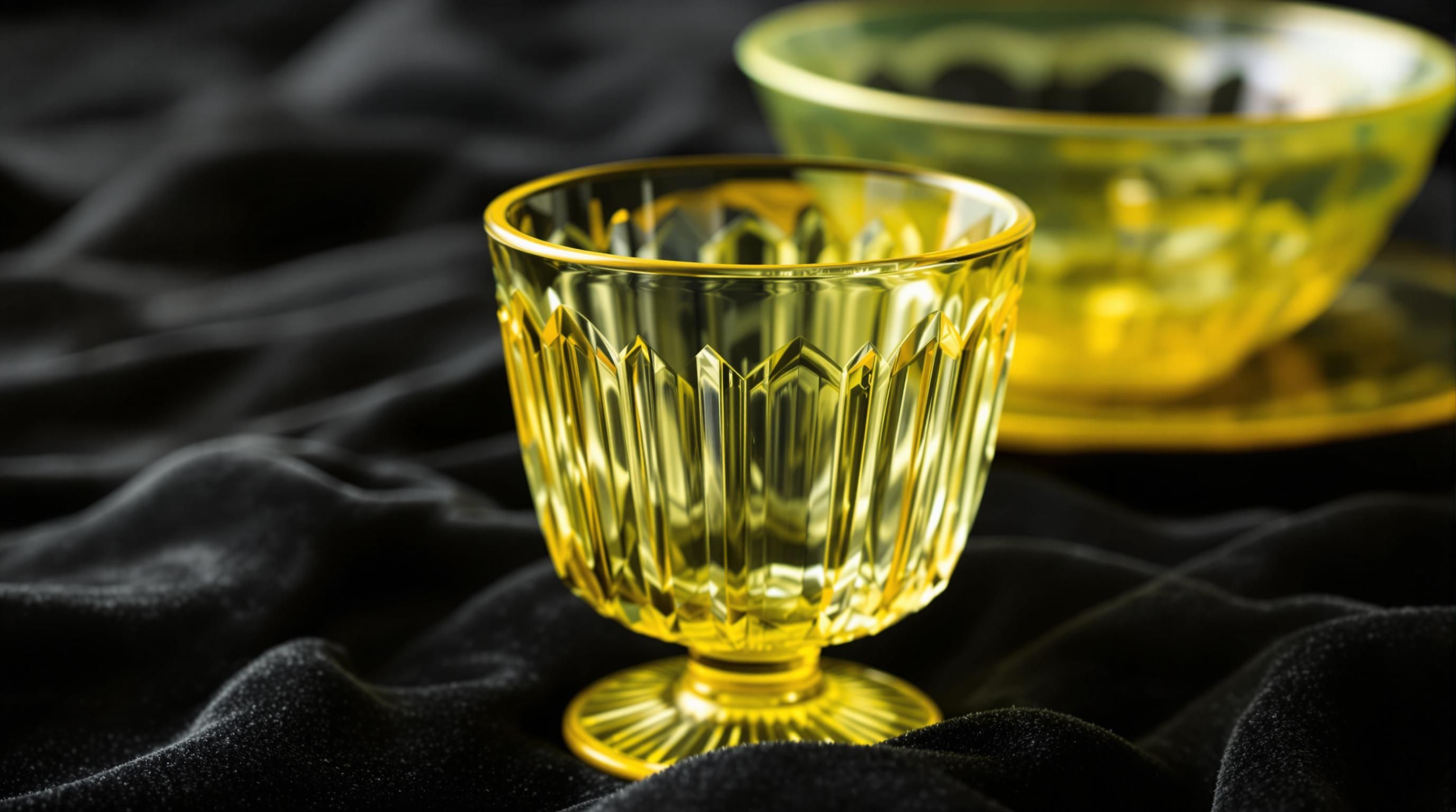 Collection of vaseline glass items glowing bright green under ultraviolet light, showing their distinctive uranium-infused properties