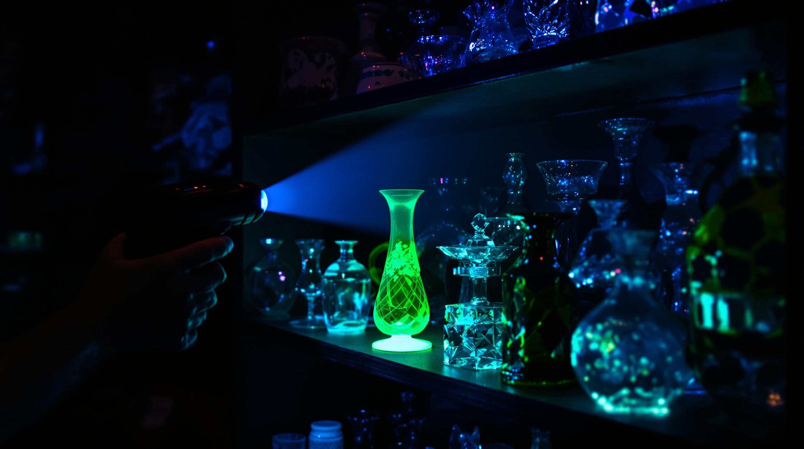 Vaseline glass dish glowing bright green under ultraviolet light