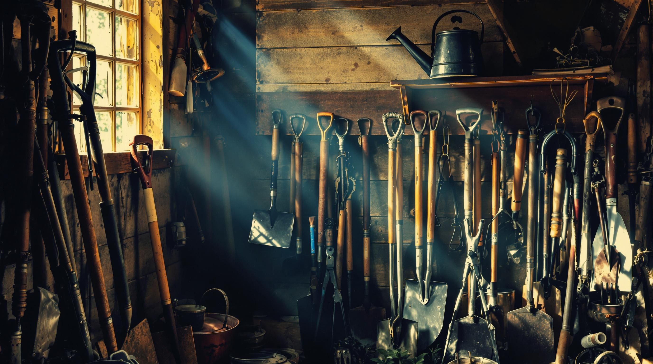 Victorian-era ornate garden implements including decorative pruning shears and a brass watering nozzle