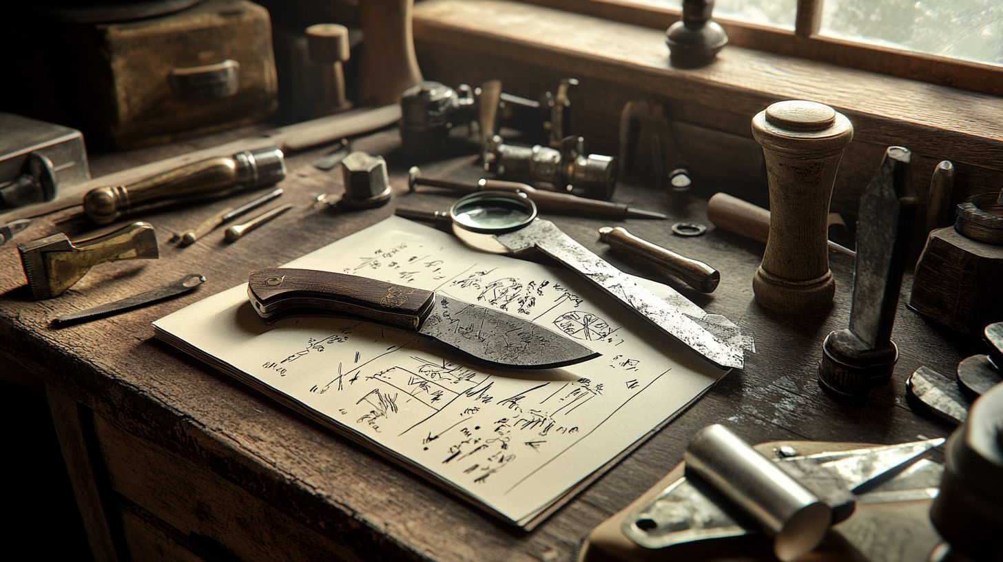 Close-up of a knife blade showing detailed maker’s mark