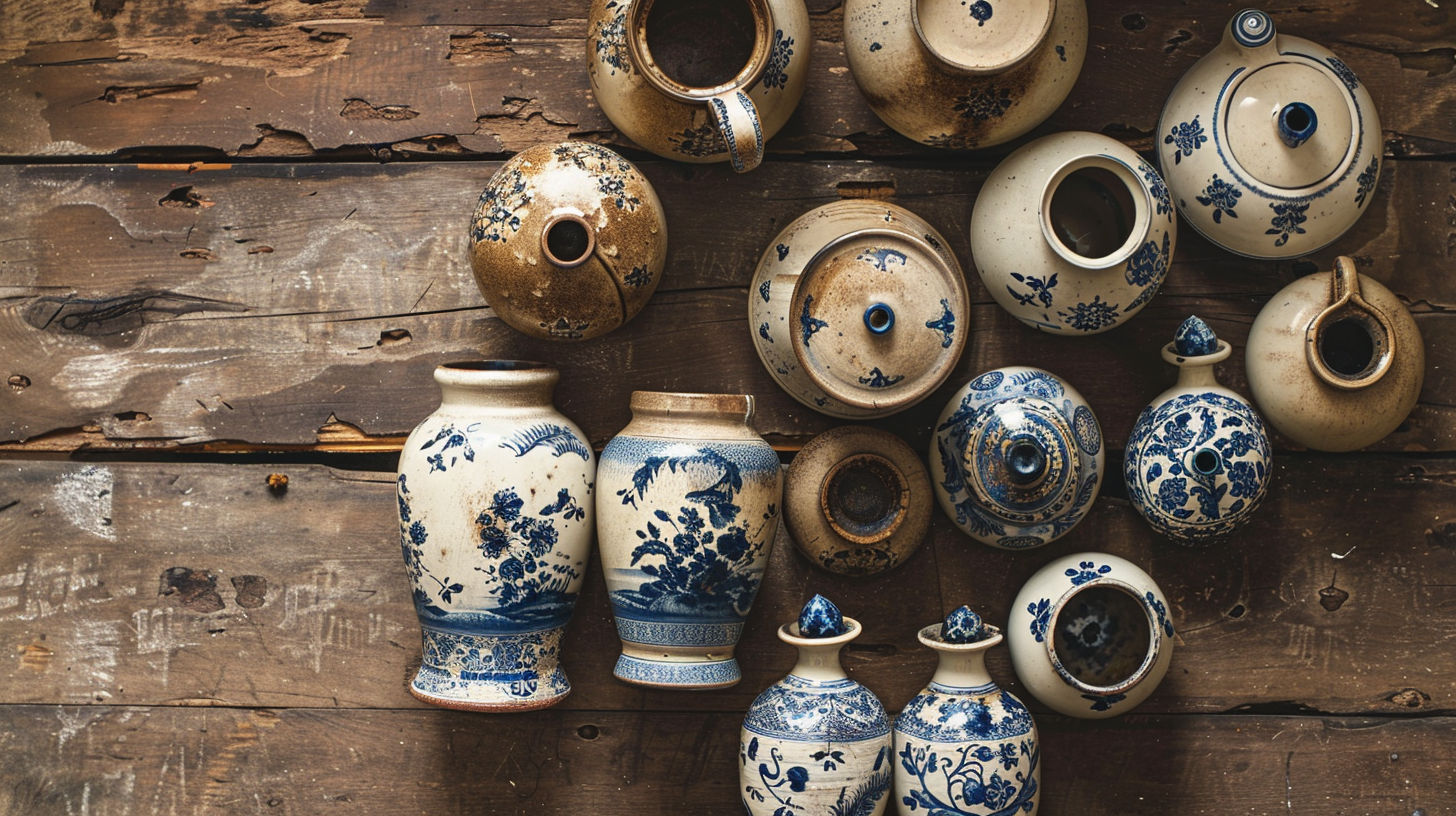 Closeup of an antique stoneware crock with number marking and decorative elements